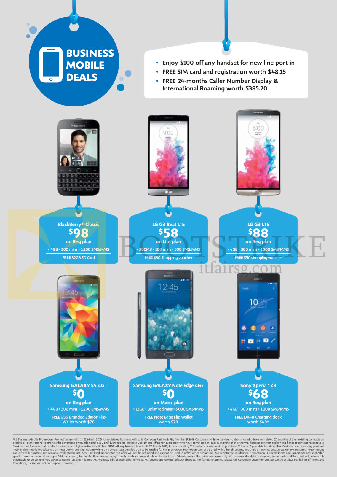 IT SHOW 2015 price list image brochure of M1 Business Mobile Phones Blackberry Classic, LG G3, Beat, Samsung Galaxy Galaxy S5, Note Edge, Sony Xperia Z3