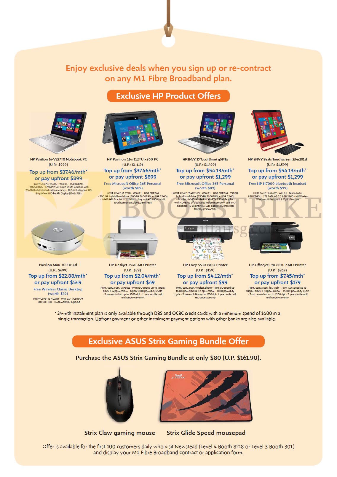 IT SHOW 2015 price list image brochure of M1 Fibre Broadband HP Notebooks, Printers, Pavilion 11, 14, Envy 15, Beats, Pavilion Mini, Envy 5530, Officejet Pro 6830, Deskjet 2540, ASUS Strix Claw Mouse