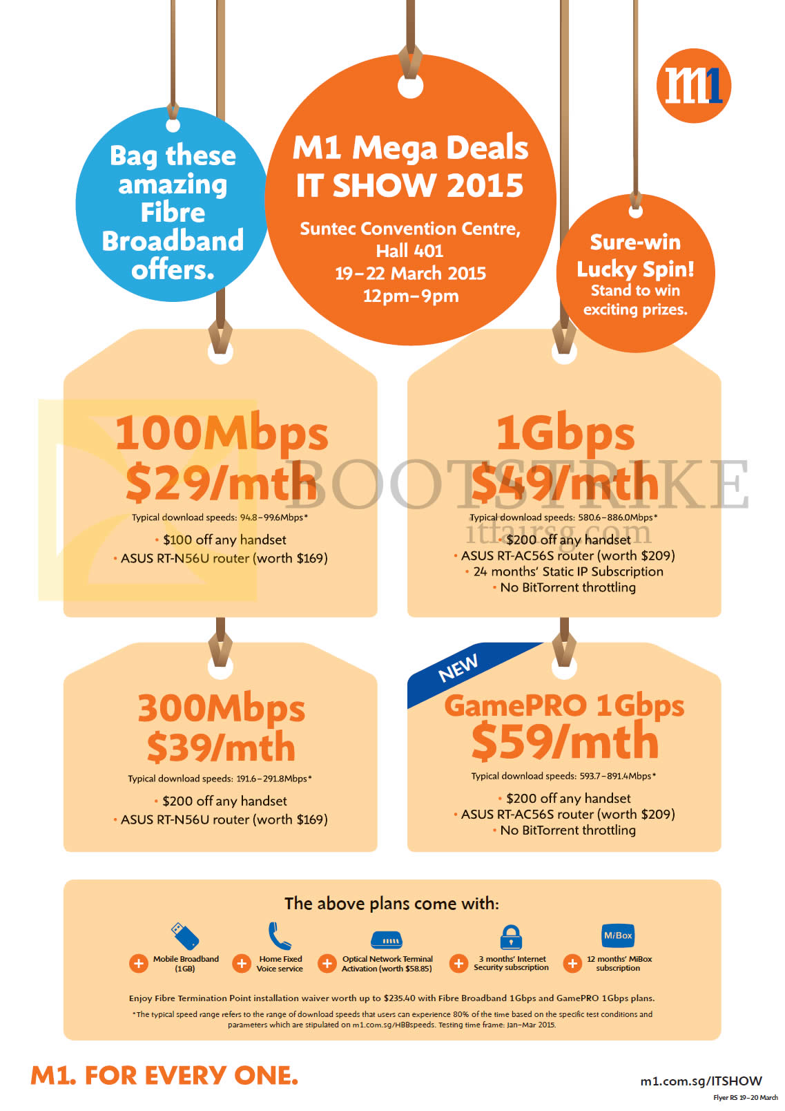 IT SHOW 2015 price list image brochure of M1 Fibre Broadband Packages 100Mbps, 300Mbps, 1Gbps, GamePRO 1Gbps