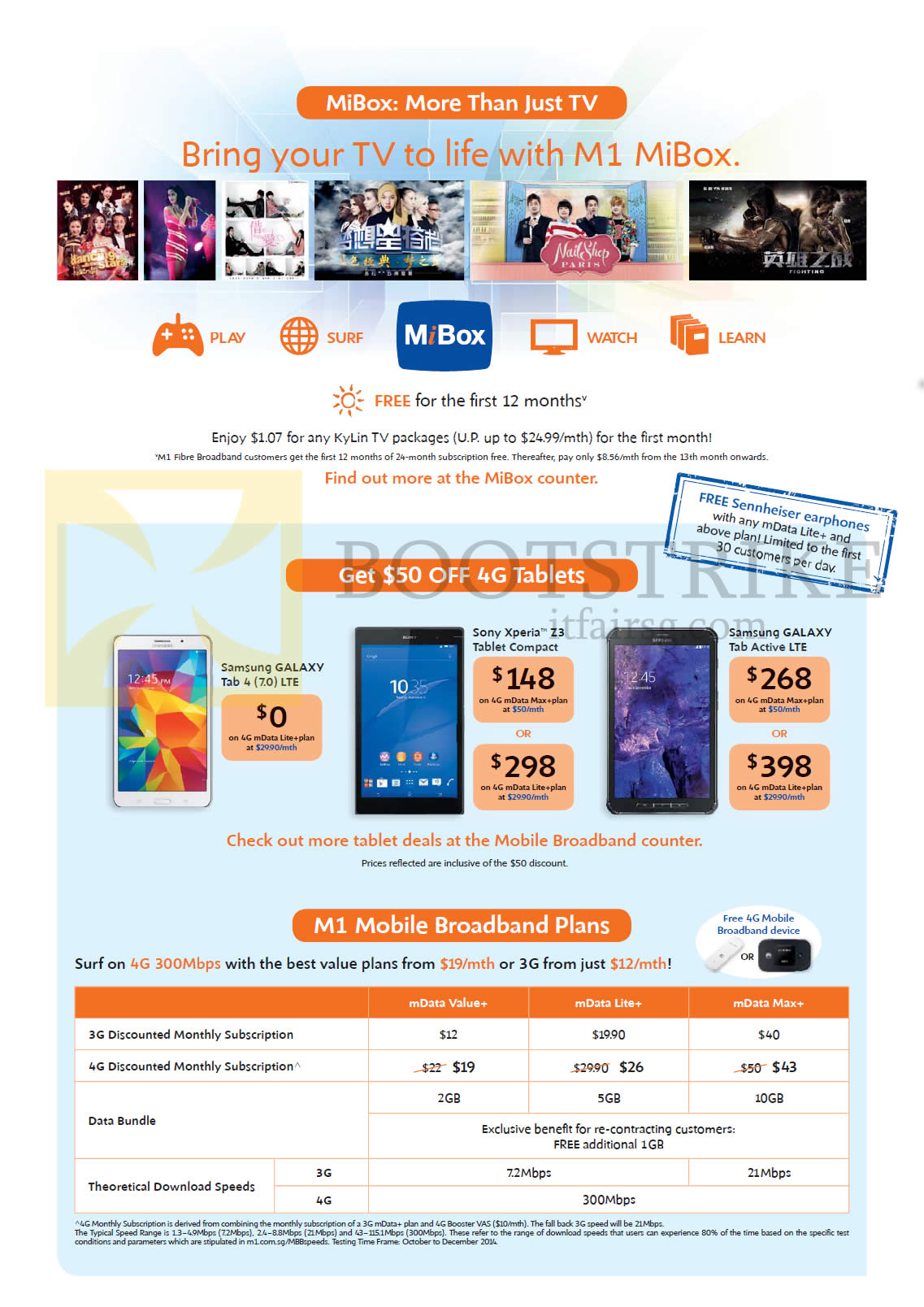 IT SHOW 2015 price list image brochure of M1 MiBox, Tablets, Mobile Broadband Plans, Samsung Galaxy Tab 4 7.0, Tab Active, Sony Xperia Z3 Compact, MData Plans