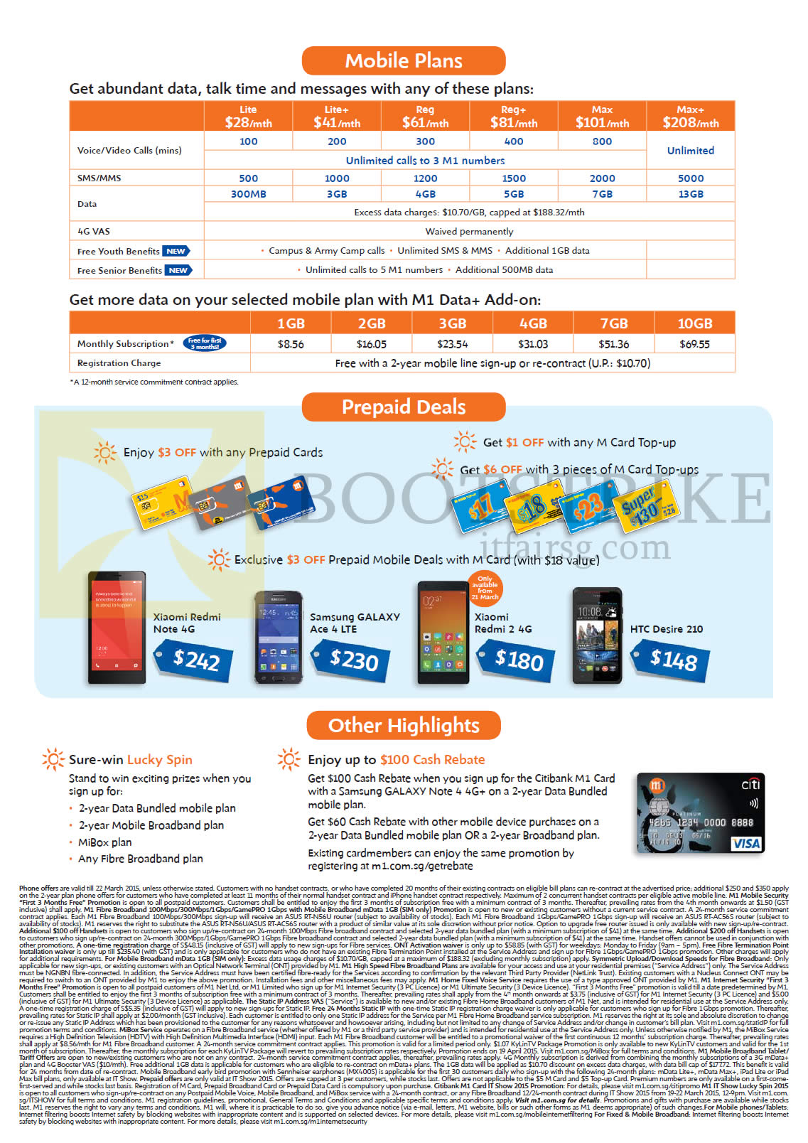 IT SHOW 2015 price list image brochure of M1 Mobile Plans, Prepaid M Card, Xiamo Redmi Note 4G, Redmi 2 Samsung Galaxy Ace 4, HTC Desire 210, Lucky Spin, Cash Rebate