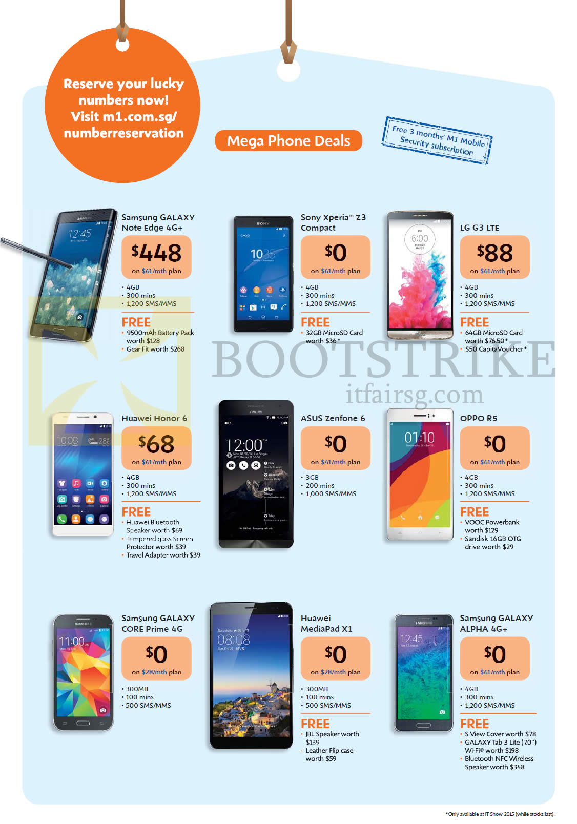 IT SHOW 2015 price list image brochure of M1 Phone Samsung Galaxy Note Edge, Core Prime, Alpha, Sony Xperia Z3 Compact, LG G3, Huawei Honor 6, MediaPad X1, Asus Zenfone 6, Oppo R5