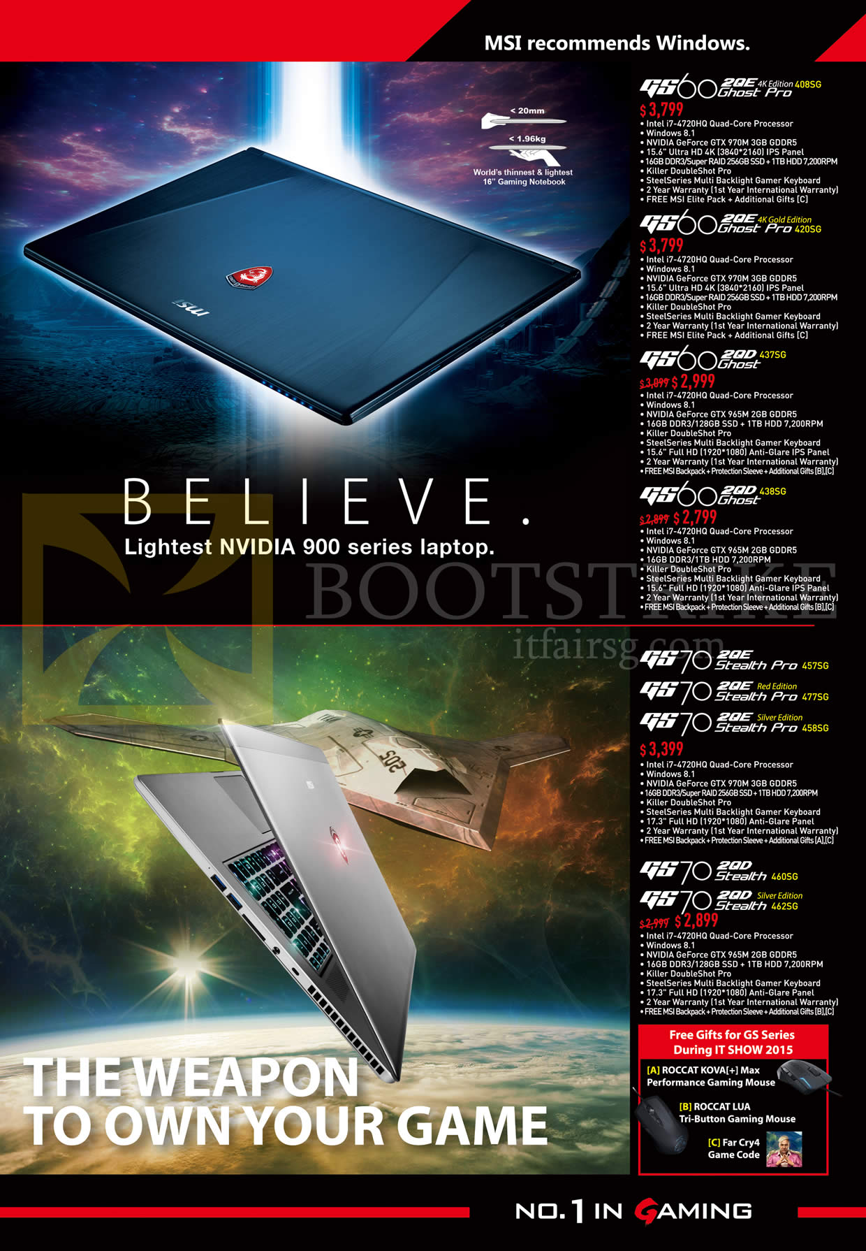 IT SHOW 2015 price list image brochure of MSI Notebooks GS60 2QE Ghost Pro, 2QD Ghost, GS70 2QE Stealth Pro, 2QD Stealth