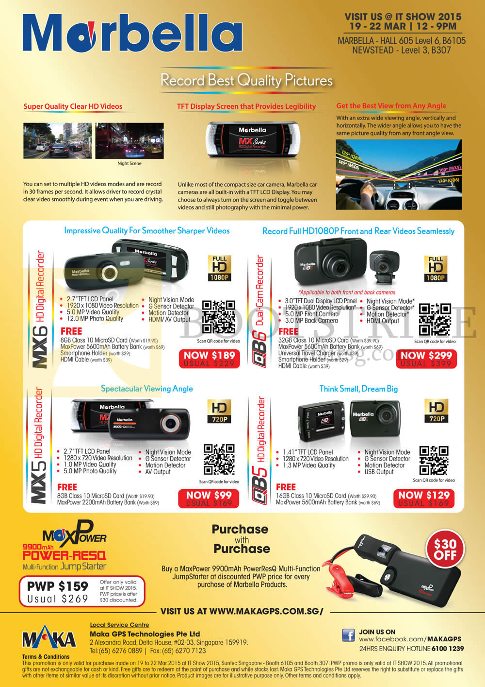 IT SHOW 2015 price list image brochure of Maka GPS Marbella Car Recorders MX6, MX5, QB6, QB5, PWP 9900mAh Power-RE50 Jump Starter