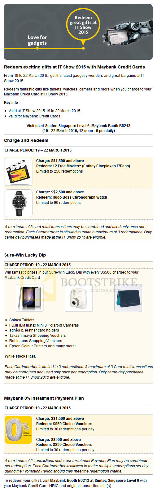 IT SHOW 2015 price list image brochure of Maybank Charge N Redeem, Sure-Win Lucky Dip, Instalment Payment Plan Gift