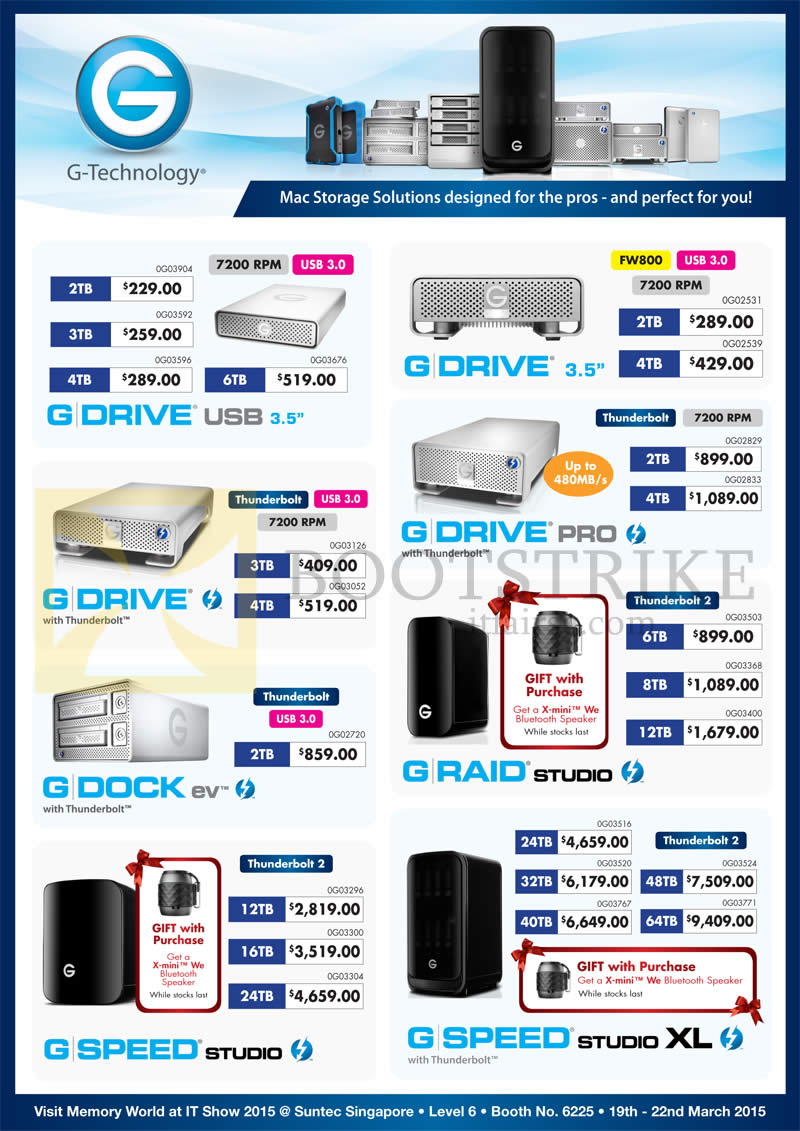 IT SHOW 2015 price list image brochure of Memory World HGST G-Technology Mac External Storage, NAS, G Drive USB, Pro, EV, Studio, Studio XL 2TB 4TB 6TB 8TB 12TB 16TB 24TB 32TB 40TB 48TB 64TB