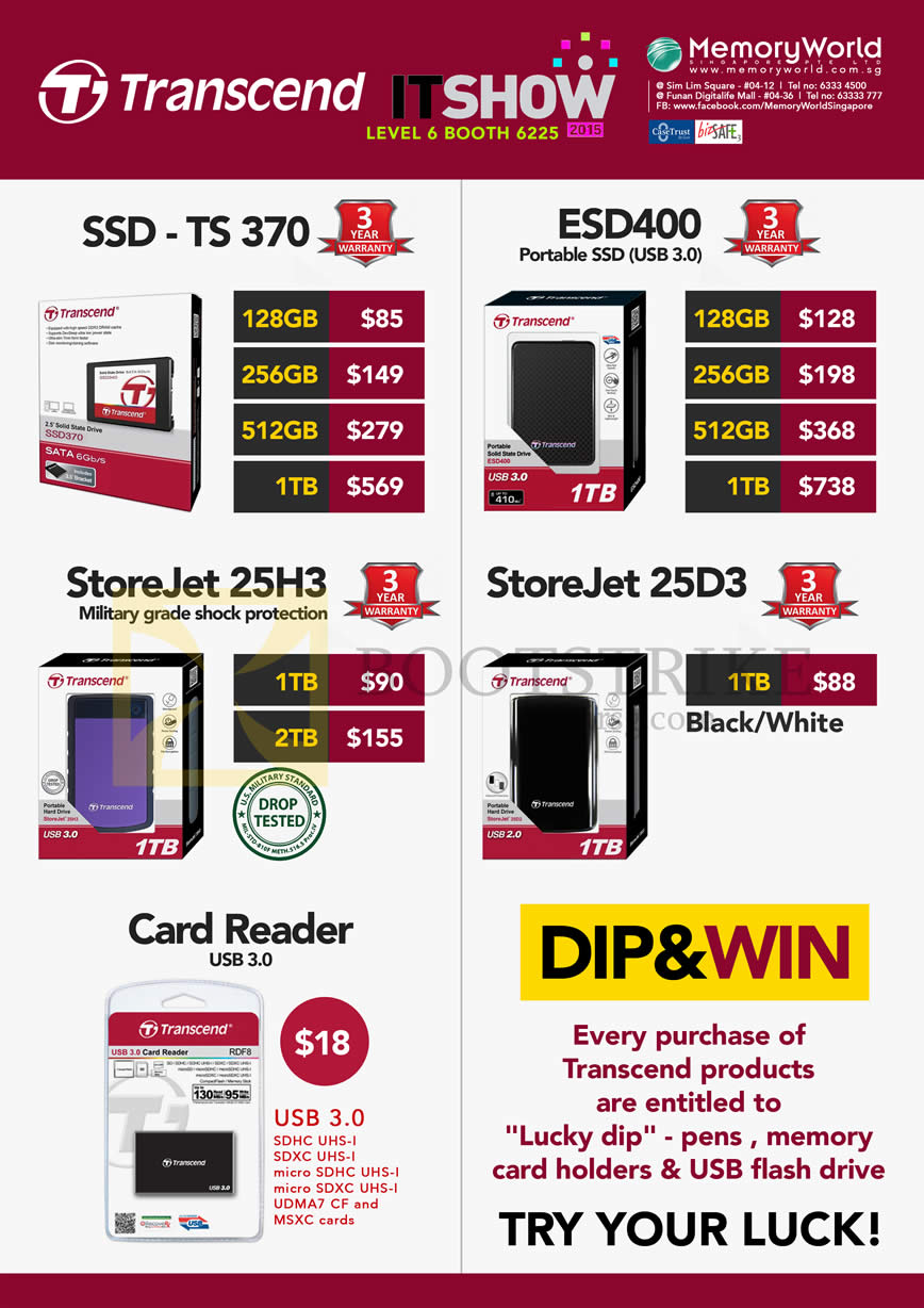 IT SHOW 2015 price list image brochure of Memory World Transcend SSD, StoreJet 25H3, ESD400, Card Reader