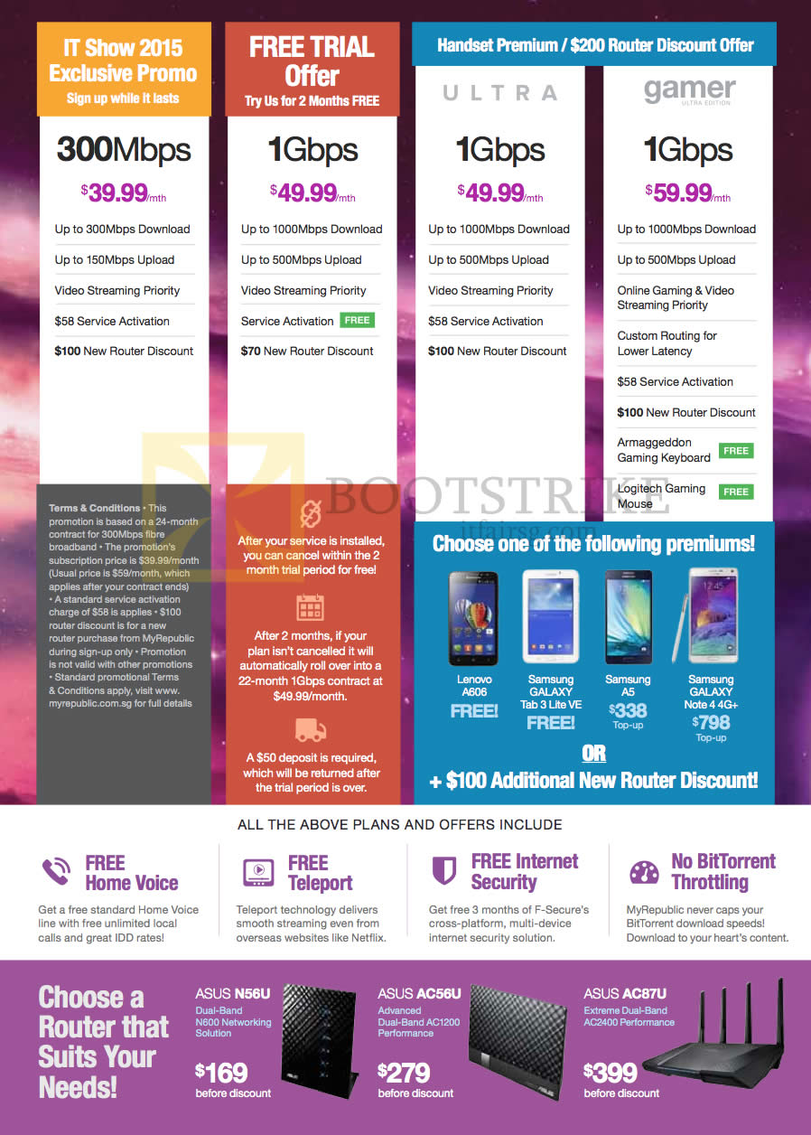 IT SHOW 2015 price list image brochure of MyRepublic Fibre Broadband 300Mbps, 1Gbps Free Trial, Ultra, Gamer, ASUS Router