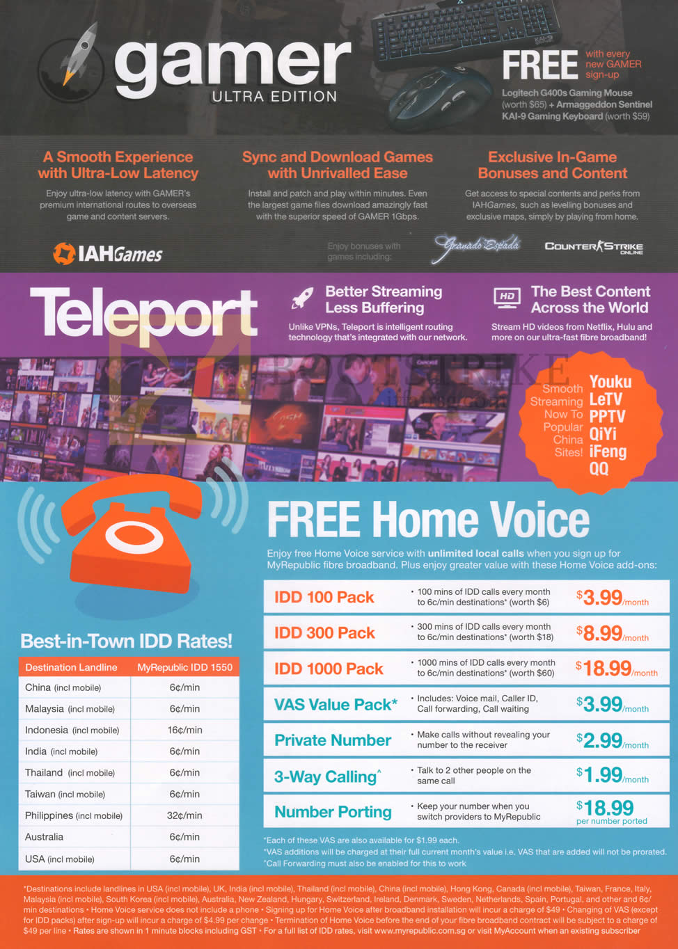 IT SHOW 2015 price list image brochure of MyRepublic Gamer Ultra Edition, Teleport, Free Home Voice, IDD Rates