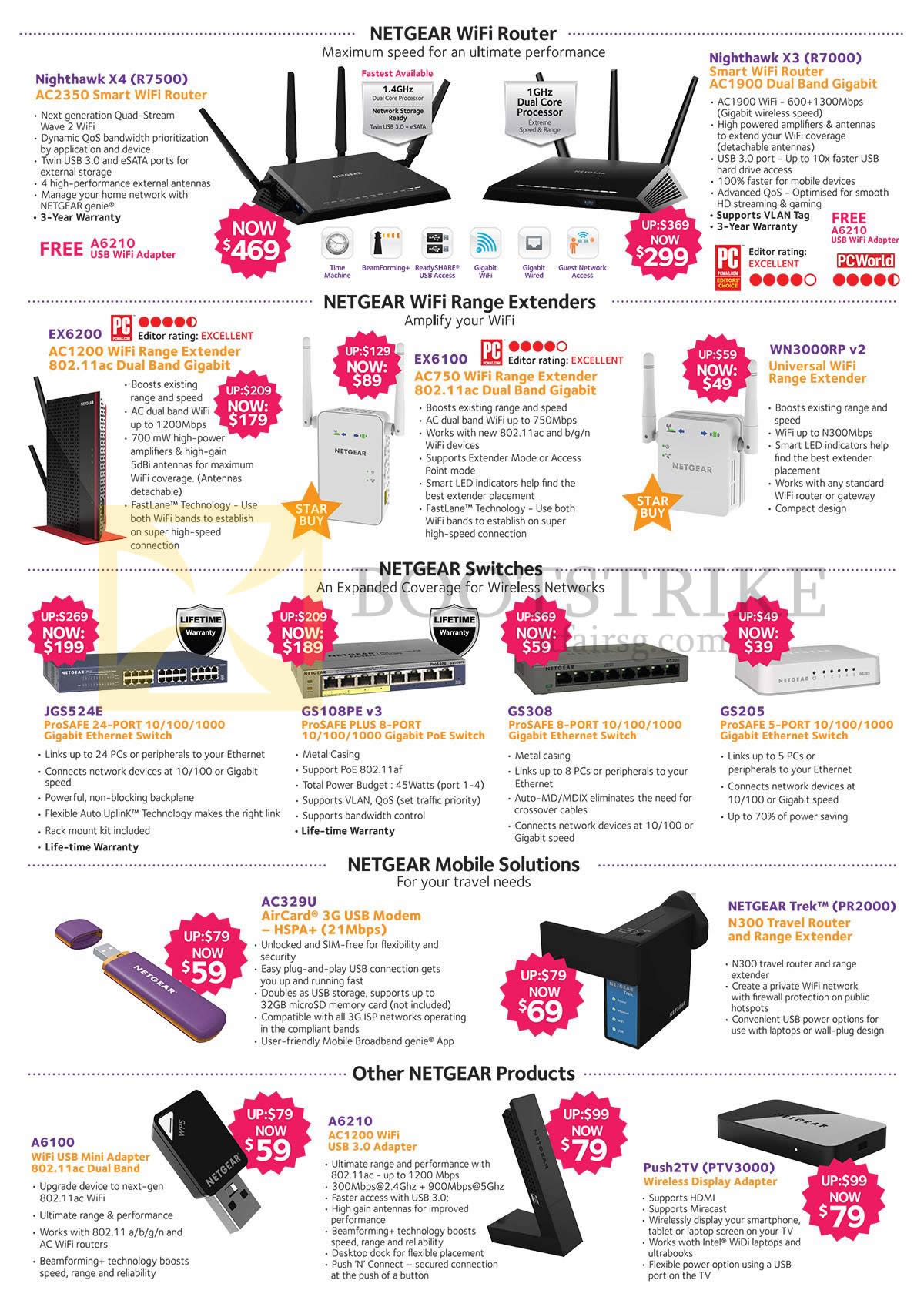 IT SHOW 2015 price list image brochure of Netgear Router, Range Extenders, Switches, USB Adapter, Nighthawk X4 R7500, X3 R7000, EX6200, EX6100, WN3000RPv2, GS108PE V3, AC329U, Trek PR2000, Push2TV PTV3000