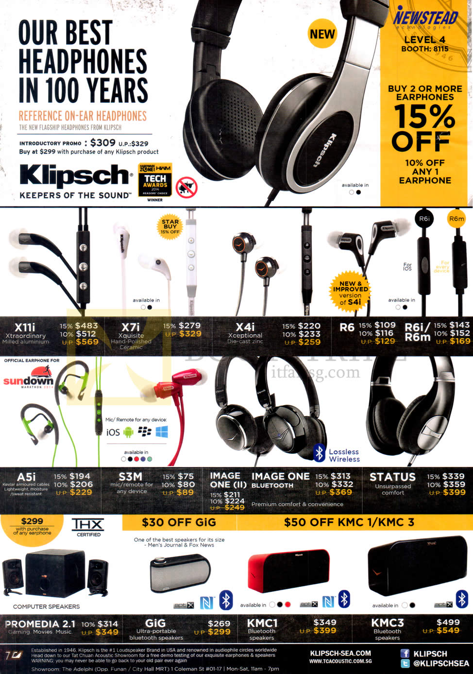 IT SHOW 2015 price list image brochure of Newstead Klipsch Earphones, Headphones, Speakers, X11i, X7i, X4i, R6, R6i, R6m, A5i, S3M, Image One II, Bluetooth, Status, Promedia 2.1, Gig, KMC1, KMC3