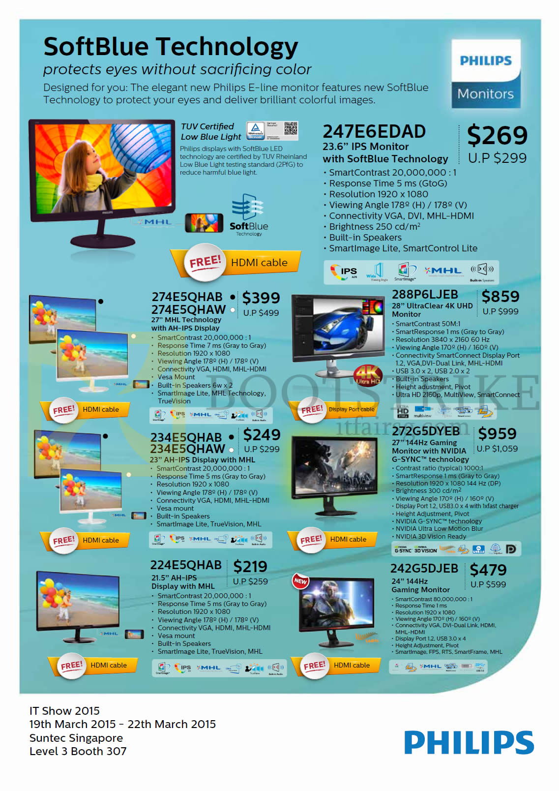 IT SHOW 2015 price list image brochure of Newstead Philips Monitors IPS LED AH-IPS 4K UHD Nvidia G-Sync 247E6EDAD, 274E5QHAB, 274E5QHAB, 288P6LJEB, 234E5QHAB, 234E5QHAW, 272G5DYEB, 224E5QHAB, 242G5DJEB