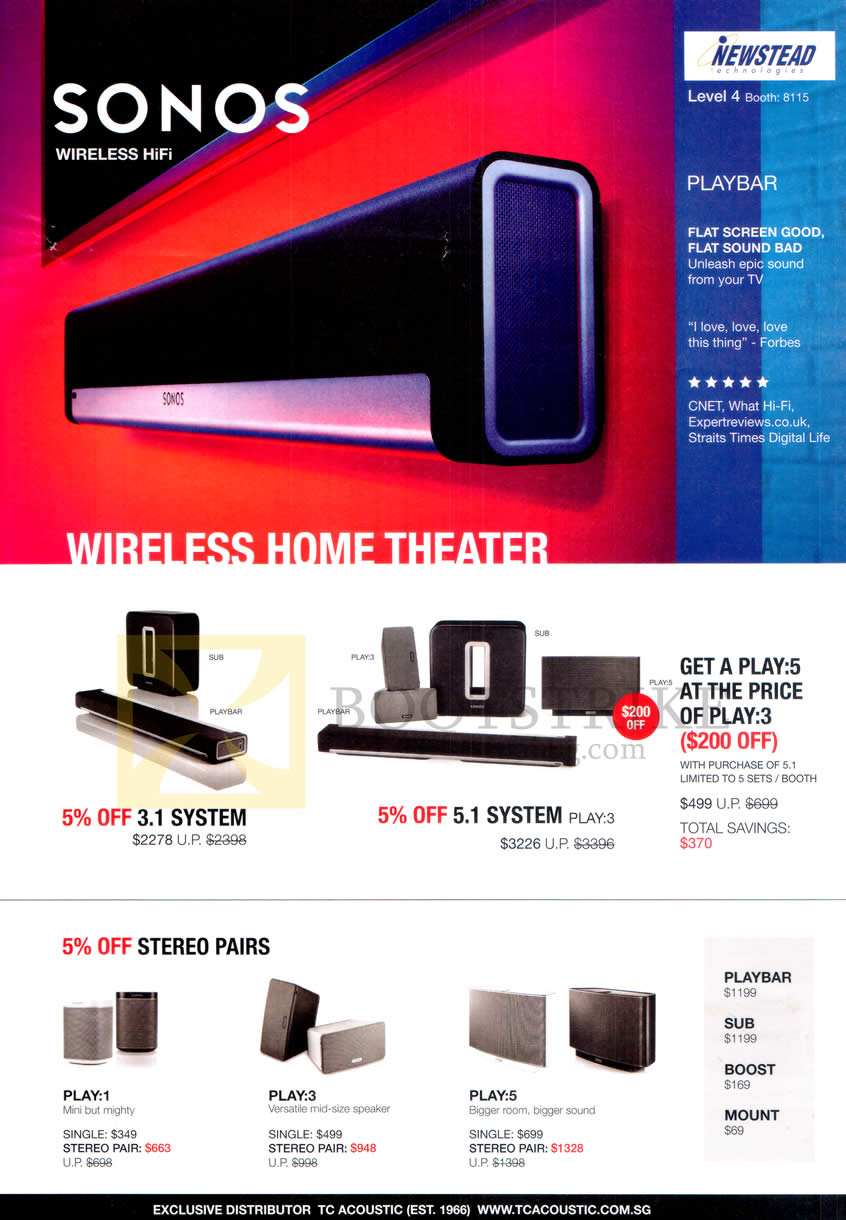 IT SHOW 2015 price list image brochure of Newstead Sonos Home Theatre Systems 3.1 System, 5.1 System, Play 1, 3, 5, Playbar