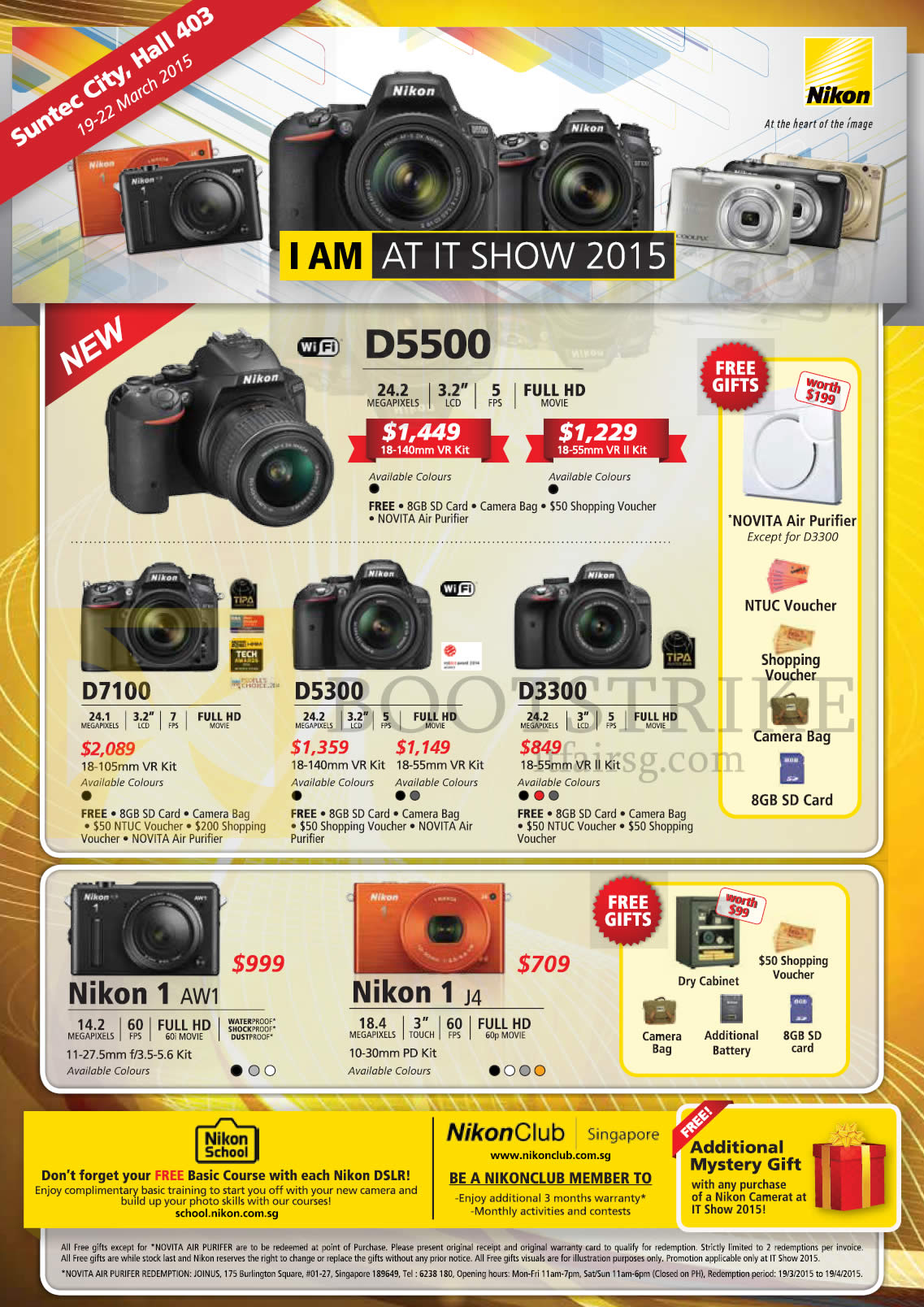 IT SHOW 2015 price list image brochure of Nikon Digital Cameras DSLR D5500, D7100, D5300, D3300, Nikon 1 AW1, J4