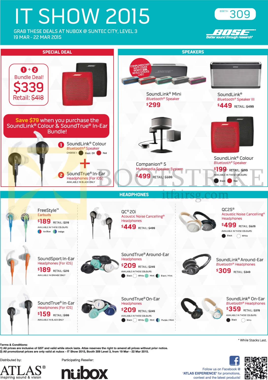 IT SHOW 2015 price list image brochure of Nubox Bose Speakers, Headphones, SoundLink, Mini, Colour, Companion 5, FreeStyle, QC 20i, QC25, Freestyle, SoundTrue, SoundLink, SoundSport, Around-Ear, In-Ear