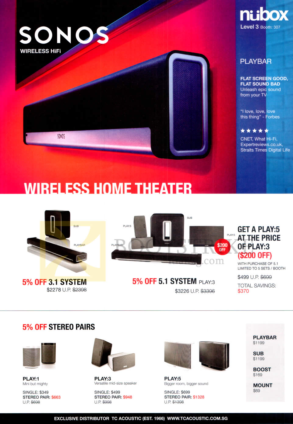 IT SHOW 2015 price list image brochure of Nubox Sonos Home Theatre Systems 3.1 System, 5.1 System, Play 1, 3, 5, Playbar