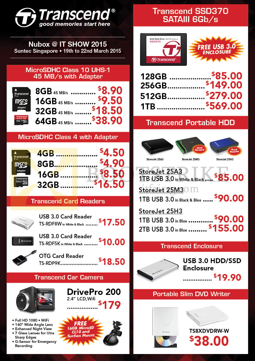 IT SHOW 2015 price list image brochure of Nubox Transcend External Storage, DVD Writer, Car Camera, MicroSDHC Class 10 4, Card Readers, DrivePro 200, SSD370, Portable HDD
