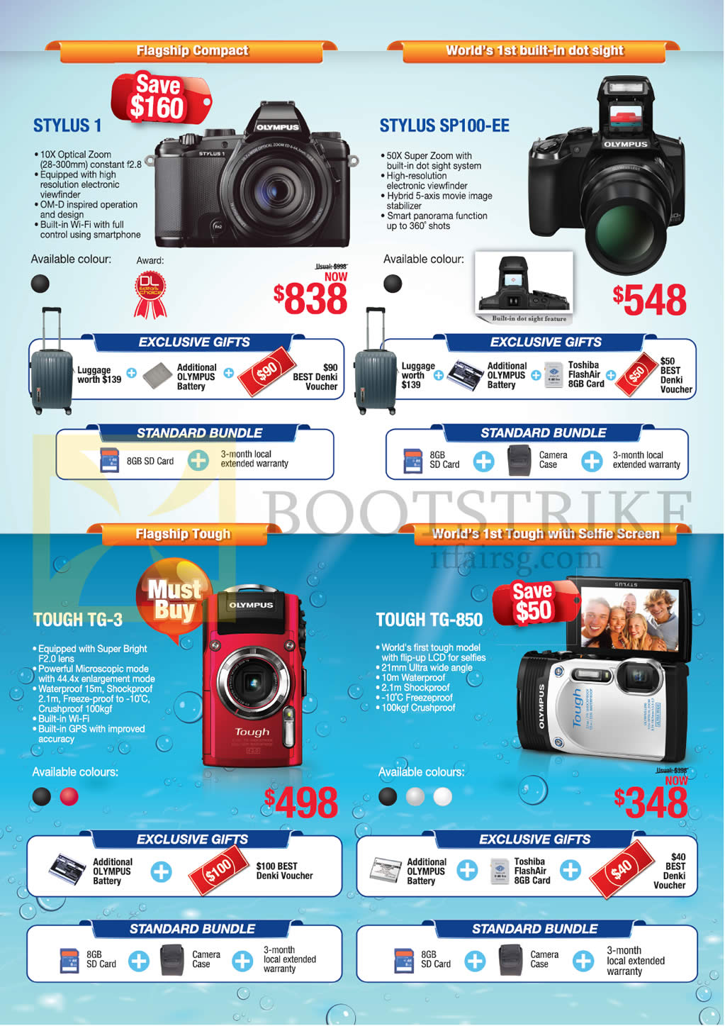 IT SHOW 2015 price list image brochure of Olympus Digital Cameras Stylus 1, SP100-EE, Tough TG-3, TG-850
