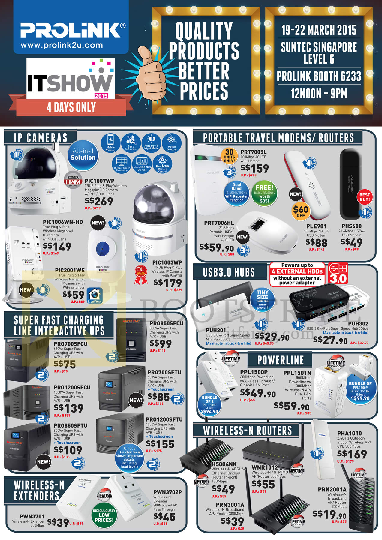 IT SHOW 2015 price list image brochure of Prolink IP Cameras, Portable Travel Modems, Routers, UPS, Wireless N-Extenders, USB 3.0 Hubs, Powerline, Wireless N-Routers