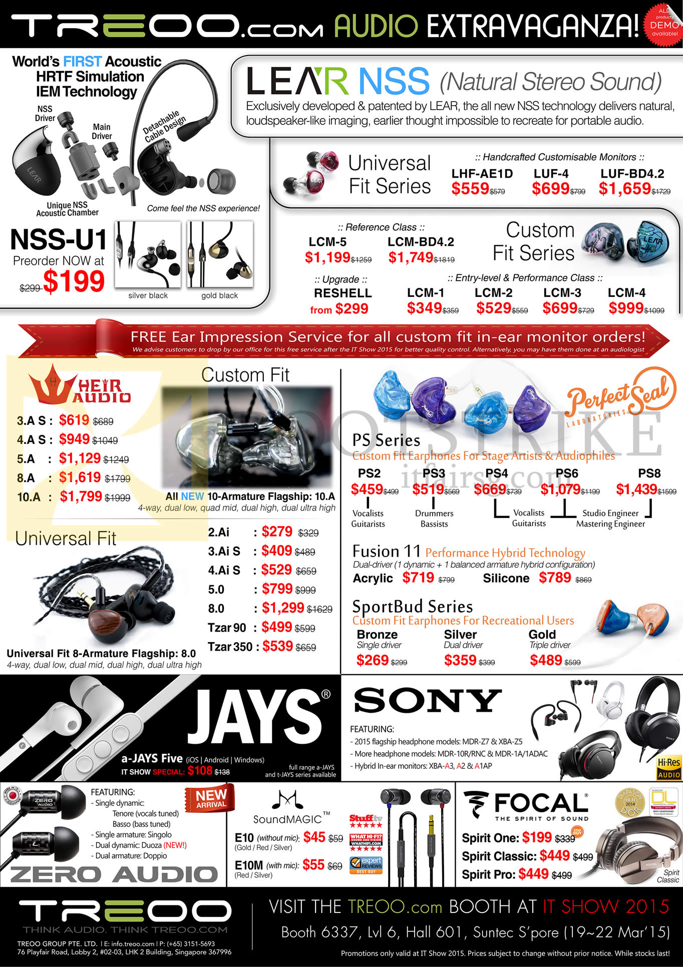 IT SHOW 2015 price list image brochure of Red Fusion Treoo Earphones NSS-U1, Lear Nss LHF-AE1D, LUF-4, BD4.2, LCM-5, BD4.2, Perfect Seal PS2, Fusion 11, Focal Spirit One, Classic, Pro, Sound Magic E10, E10M, A-Jays Five
