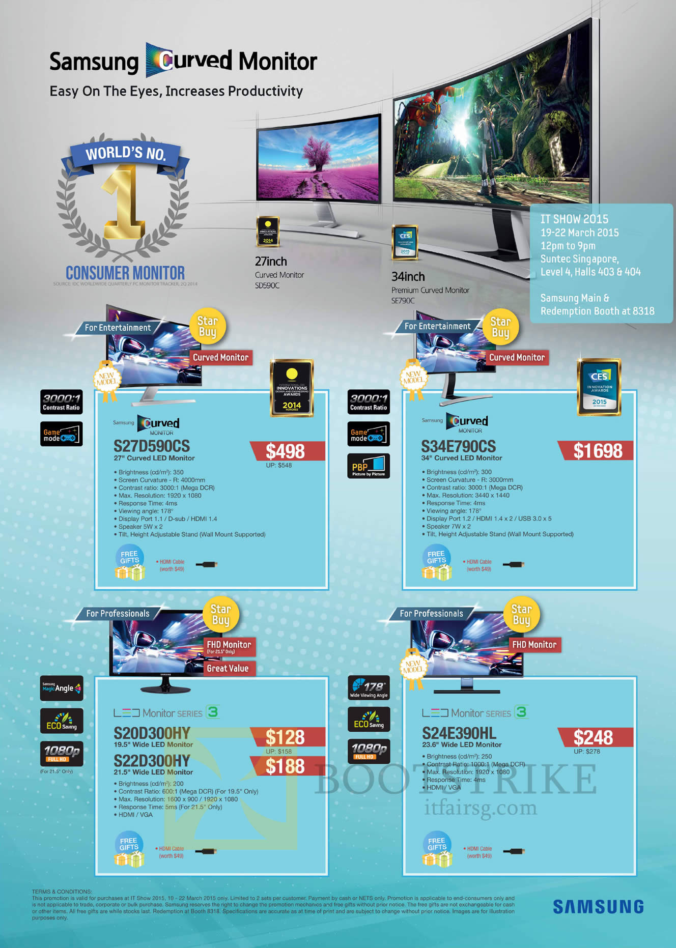 IT SHOW 2015 price list image brochure of Samsung Monitors LED S27D590CS, S34E790CS, S20D300HY, S22D300HY, S24E390HL