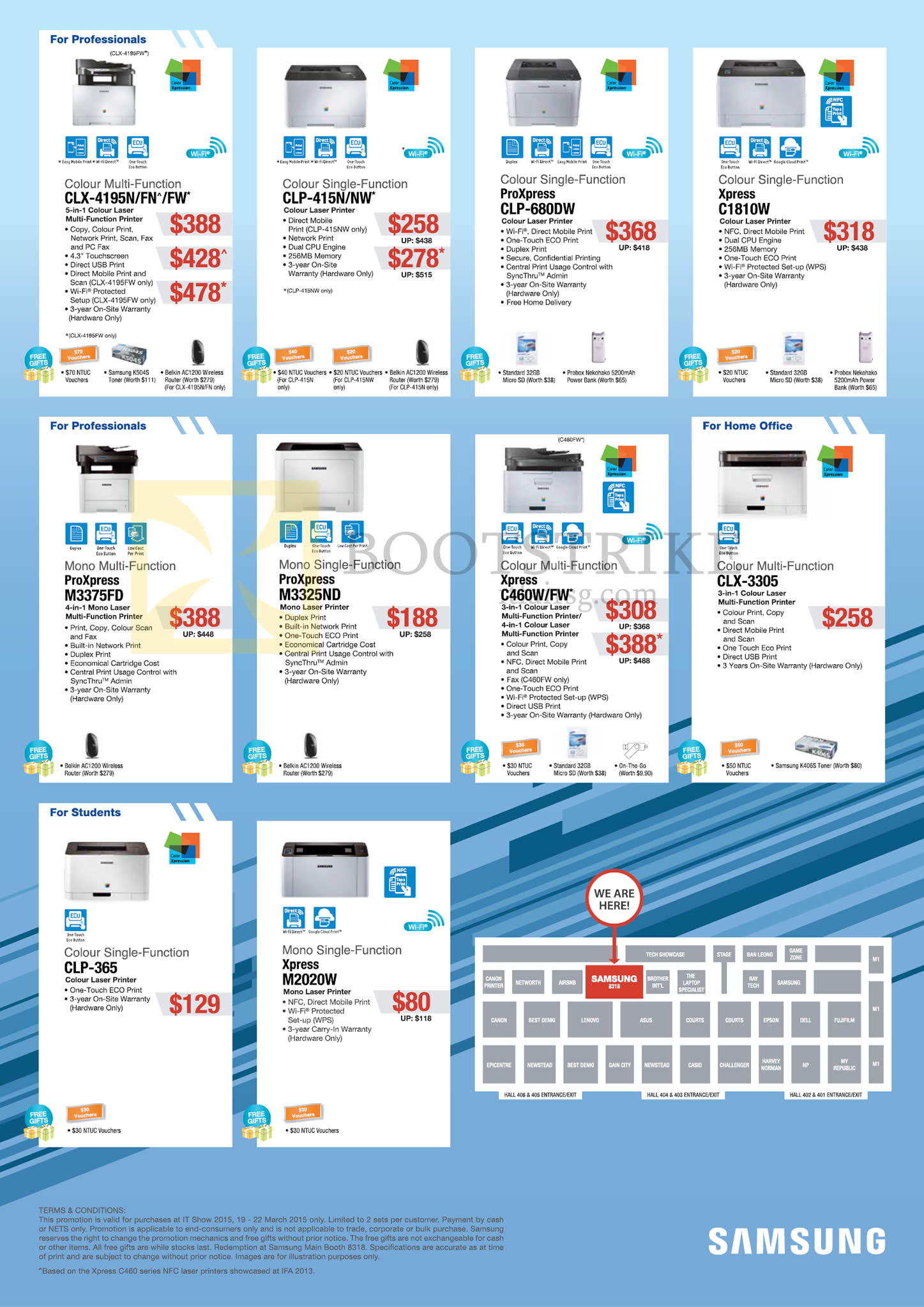 IT SHOW 2015 price list image brochure of Samsung Printers CLX-4195N, FN, FW, 415N, NW, 3305, 365, Xpress M2020W, C1810W, C460W, FW, ProXpress CLP-680DW, M3375FD, M3325ND