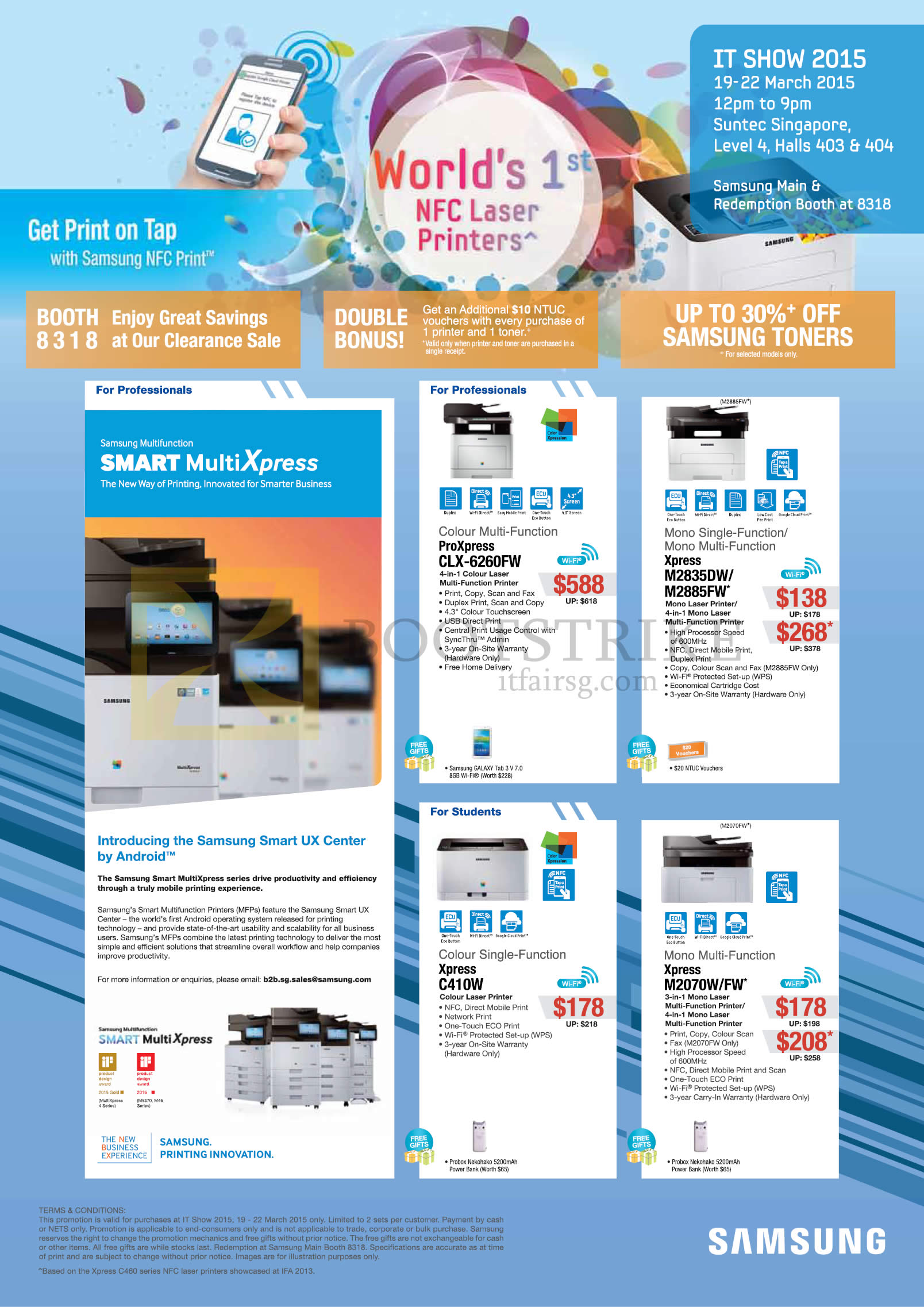 IT SHOW 2015 price list image brochure of Samsung Printers Laser ProXpress CLX-6260FW, M2835DW, 2885FW, XpressC410W, M2070W, FW