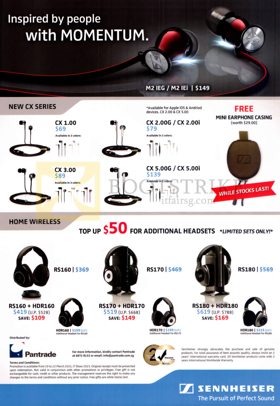 IT SHOW 2015 price list image brochure of Sennheiser Earphones, Headphones, CX1.00, 2.00G, I, 3.00, 5.00G, I, RS160, 170, 180