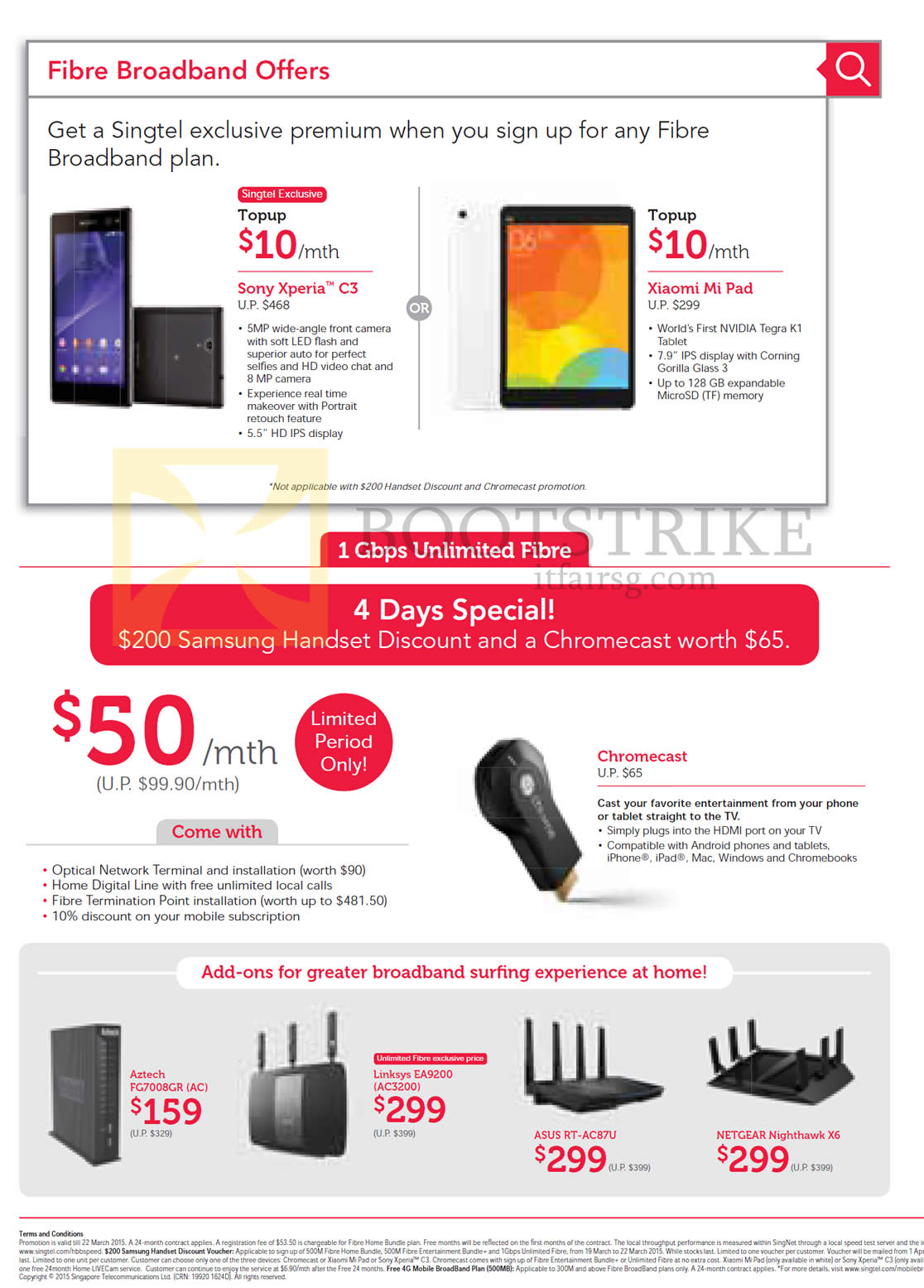 IT SHOW 2015 price list image brochure of Singtel Fibre Broadband, Sony Xperia C3, Xiaomi Mi Pad, 1Gbps Unlimited Fibre, Samsung Handset Discount, Free Chromecast, Add-ons