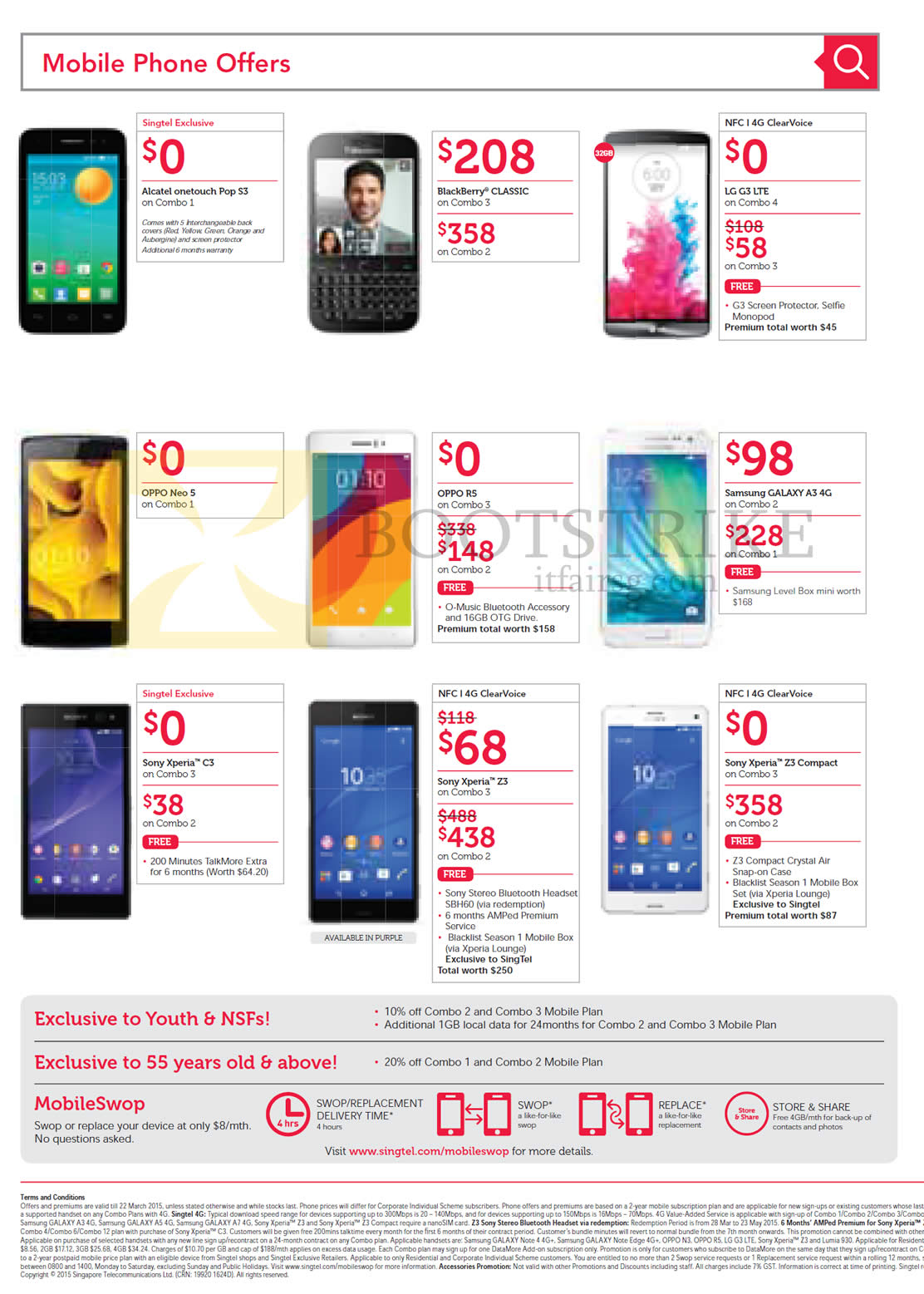IT SHOW 2015 price list image brochure of Singtel Mobile Phones Alcatel Onetouch Pop S3, BlackBerry CLASSIC, LG G3, OPPO Neo 5, R5, Samsung GALAXY A3, Sony Xperia C3, Z3, Z3