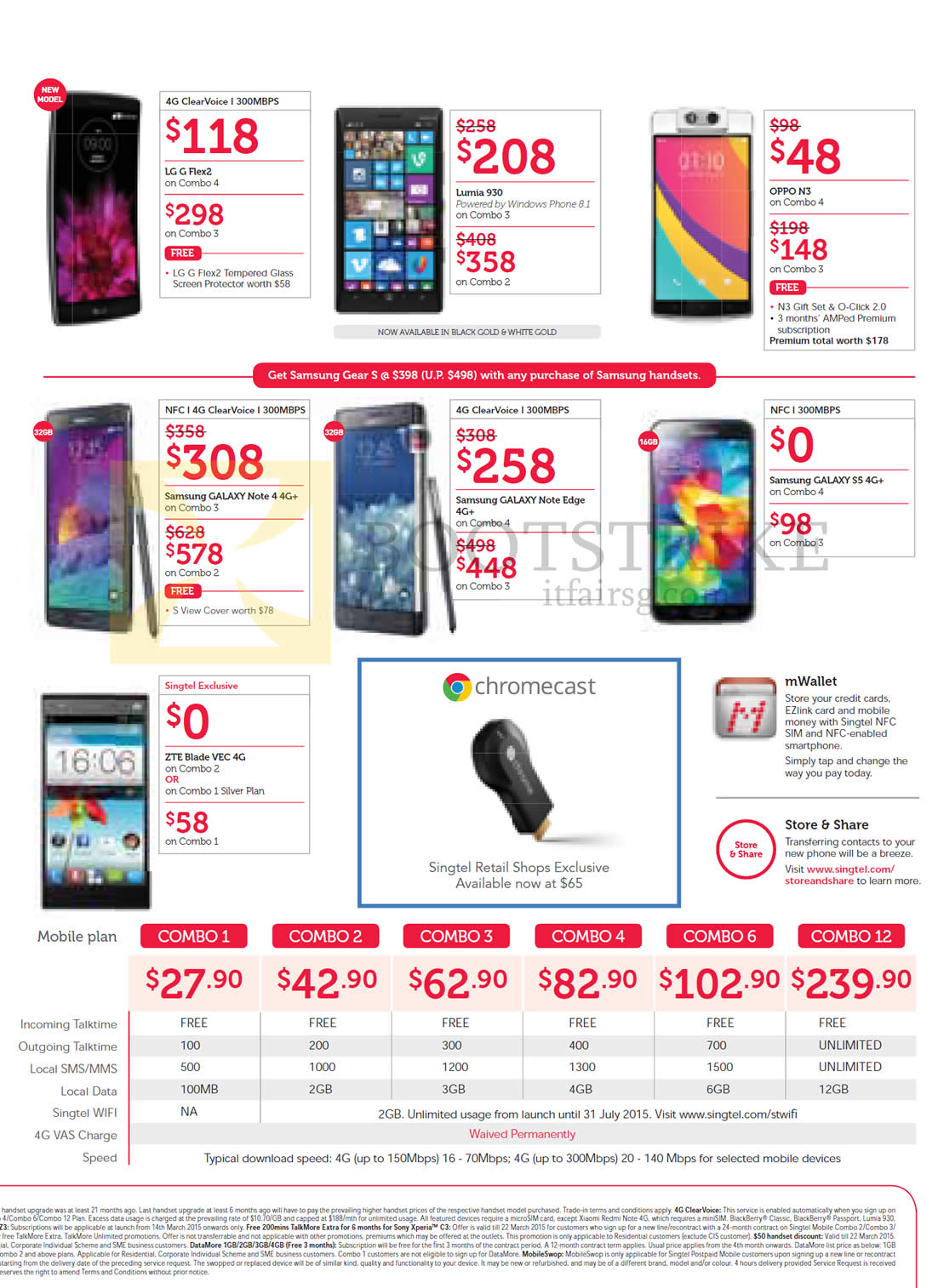 IT SHOW 2015 price list image brochure of Singtel Mobile Phones LG G Flex2, Lumia 930, OPPO N3, Samsung GALAXY Note 4, Note Edge, S5, ZTE Blade VEC 4G, Chromecast, Mobile Plans Combo