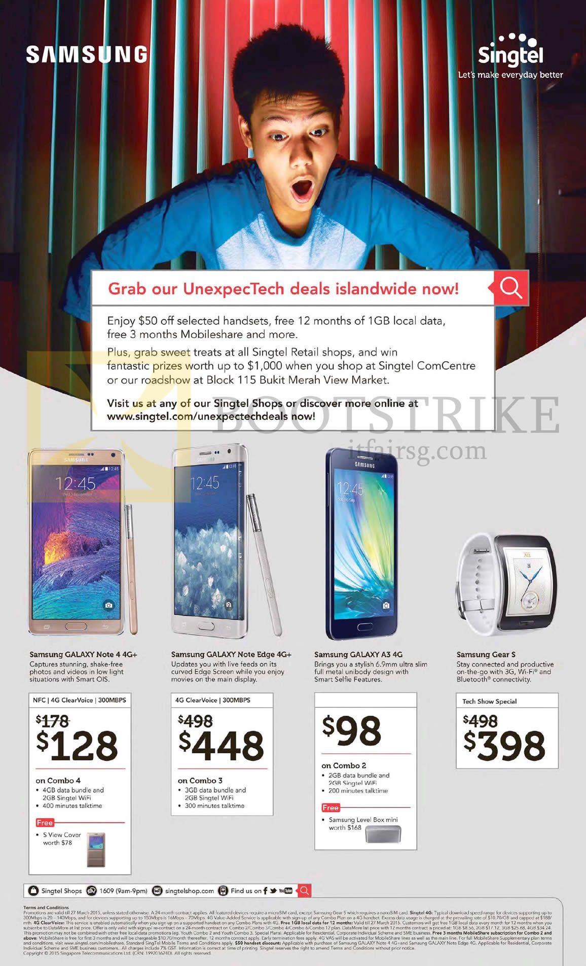 IT SHOW 2015 price list image brochure of Singtel Mobile Phones Samsung Galaxy Note 4, Samsung Galaxy Note Edge, Samsung Galaxy A3, Samsung Galaxy Gear S