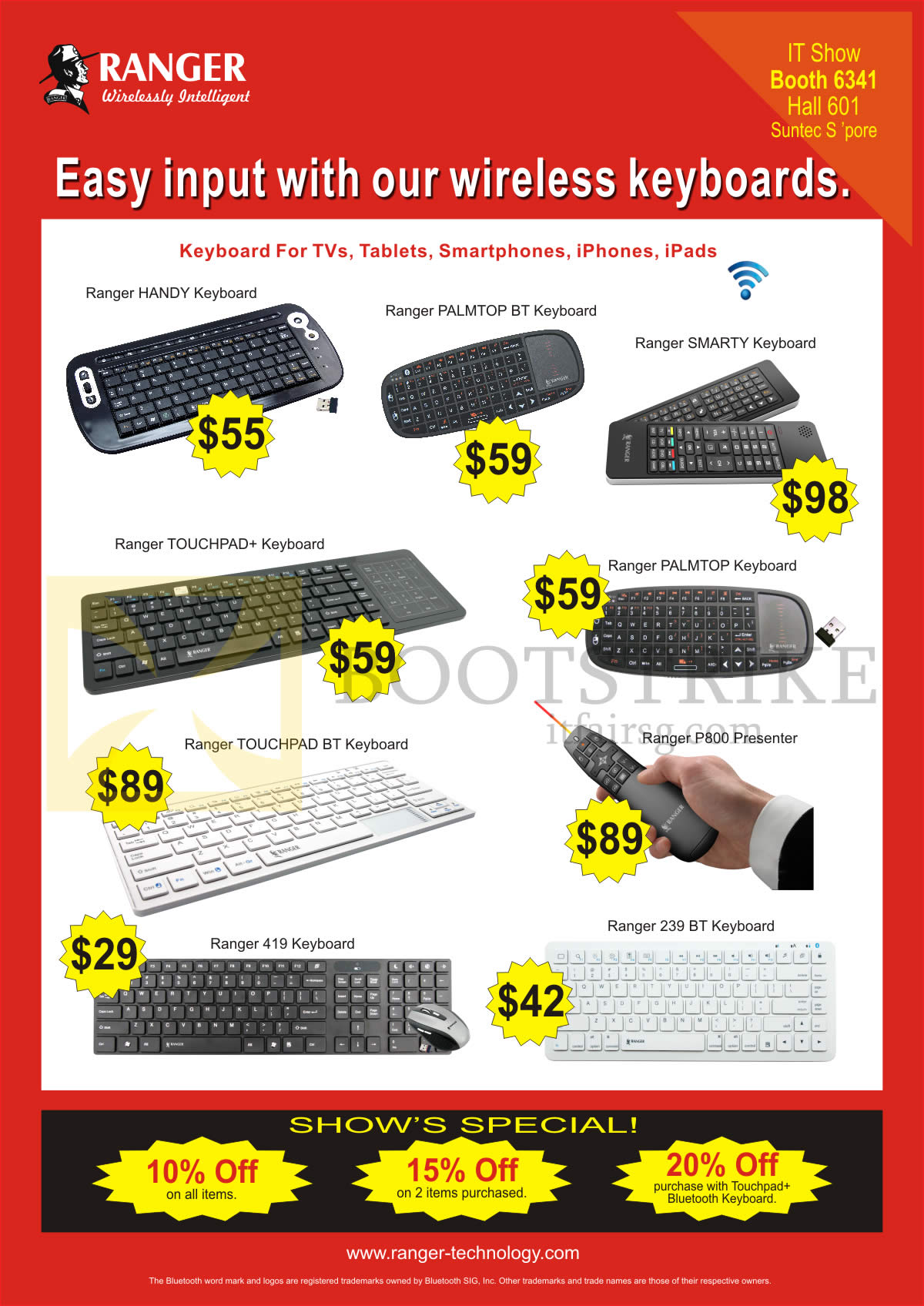 IT SHOW 2015 price list image brochure of Systems Tech Ranger Keyboards Bluetooth Handy, Palmtop BT, Smarty, Touchpad Plus, 419, 239BT, P800 Presenter