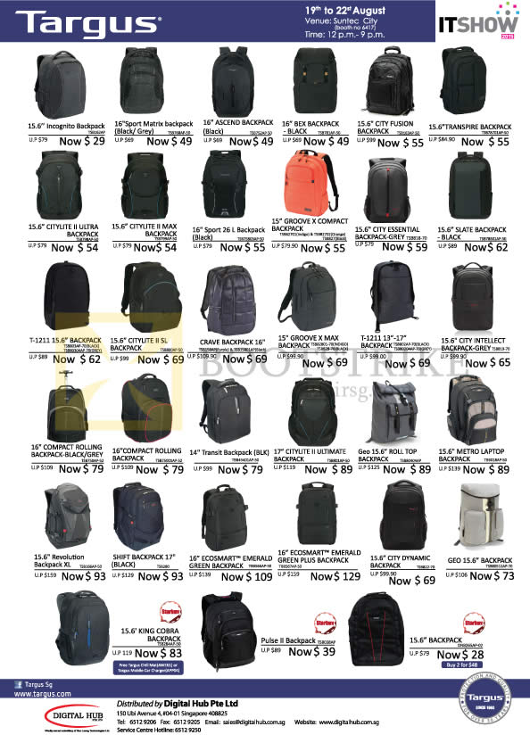 IT SHOW 2015 price list image brochure of Targus Backpacks Incognito, Sport Matrix, Ascend, Bex, City Fusion, Transit Backpack, Citylite II Ultimate, Ecosmart Emerald, Revolution, King Cobra