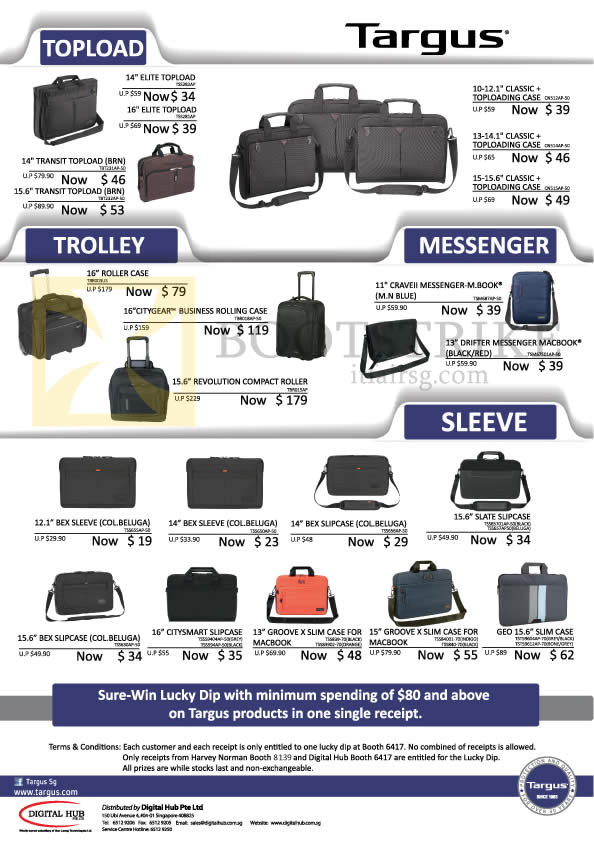 IT SHOW 2015 price list image brochure of Targus Cases, Trolleys, Messenger Bags, Sleeves, Elite, Transit, Classic, Roller Case, CraveII, Drifter, Bex Sleeve, Slate Slipcase, Citysmart Slipcase