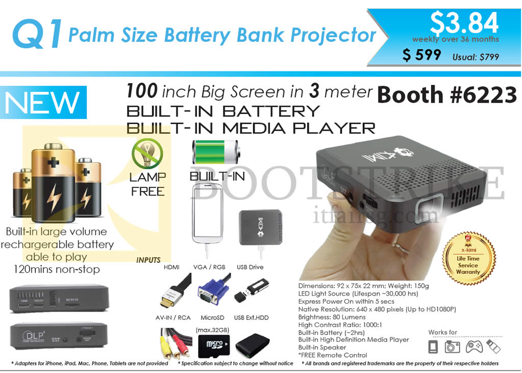 IT SHOW 2015 price list image brochure of X-Kimi Innovative Q1 Battery Bank Projector
