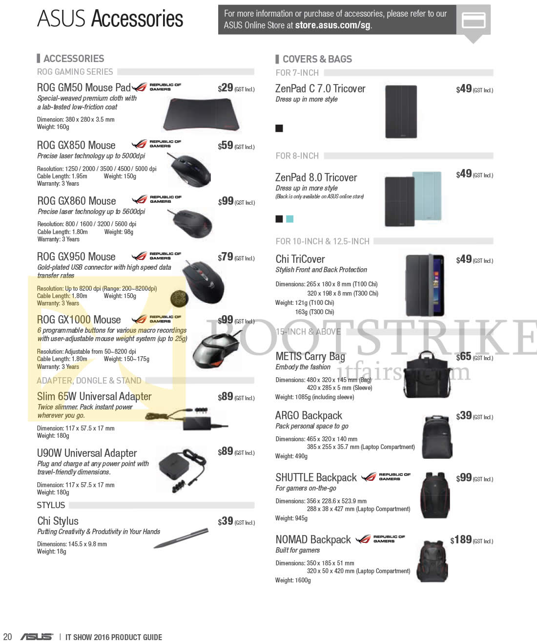 IT SHOW 2016 price list image brochure of ASUS Notebooks Accessories Mouse Pad, Mouse, Universal Adapter, Stylus Pen, Covers, Bags, Backpacks, ROG GM50, GX850, GX860, GX950, GX1000