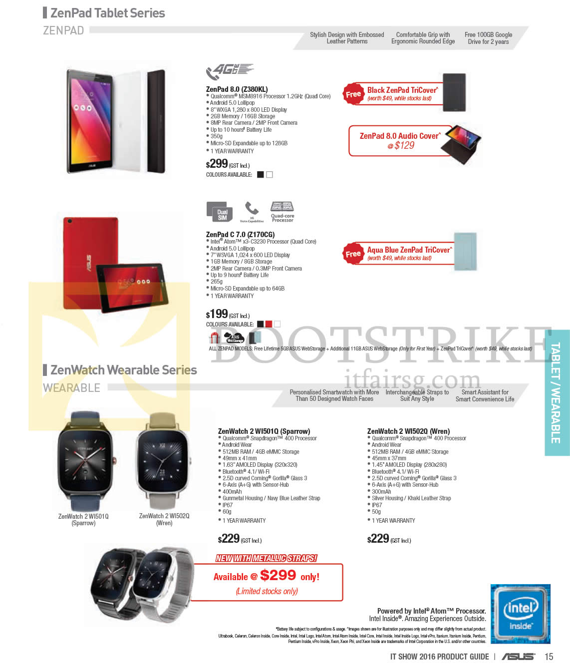 IT SHOW 2016 price list image brochure of ASUS Tablets, Watches, Zenpad 8.0 Z380L, C 7.0 Z170CG, Zenwatch 2 WI501Q Sparrow, WI502Q Wren