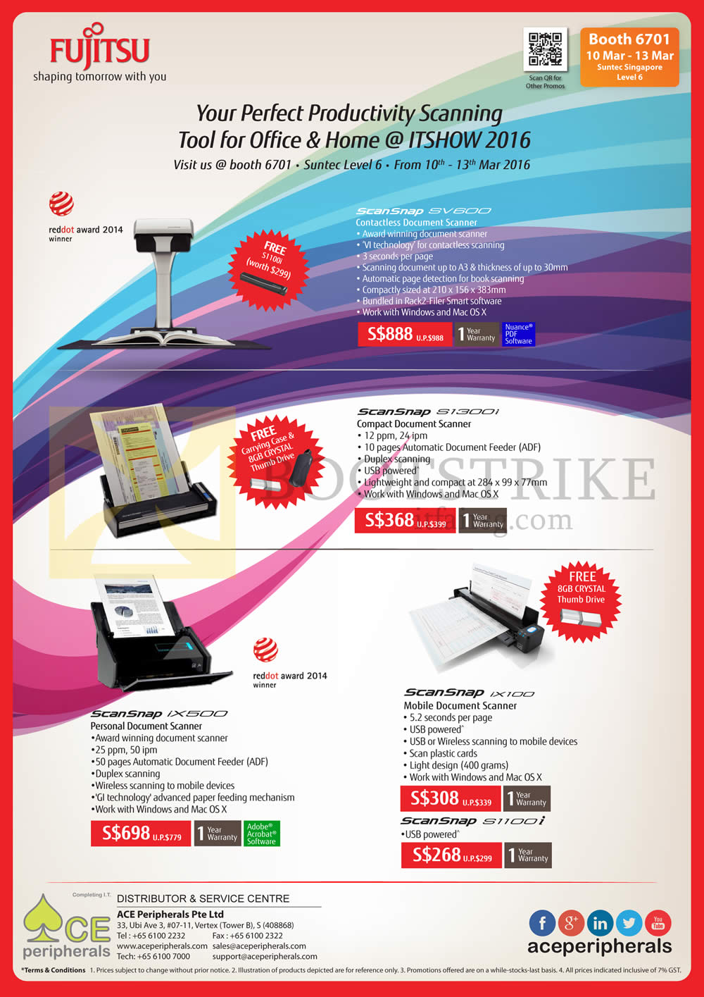 IT SHOW 2016 price list image brochure of Ace Peripherals Fujitsu ScanSnap Scanners IX100, IX500, SV600, S1100i, S1300i