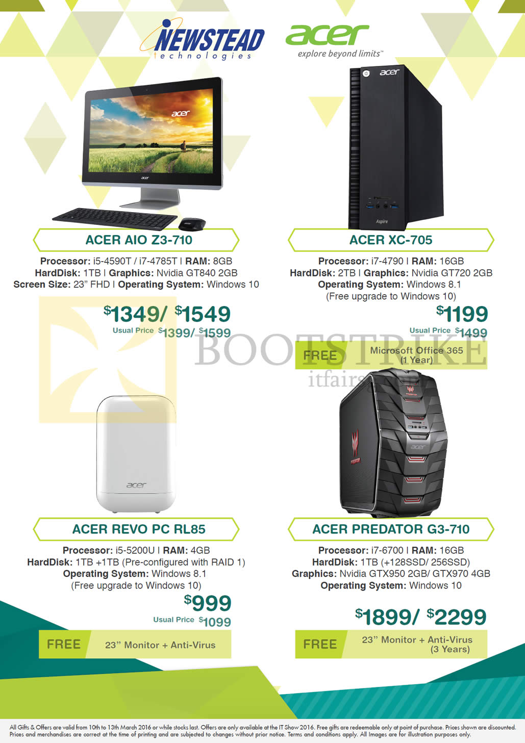 IT SHOW 2016 price list image brochure of Acer Newstead Desktop PCs, AIO Z3-710, XC-705, PREDATOR G3-710, REVO PC RL85