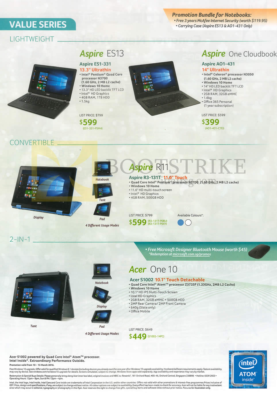 IT SHOW 2016 price list image brochure of Acer Notebooks Aspire ES13, One Cloudbook, R11, One 10