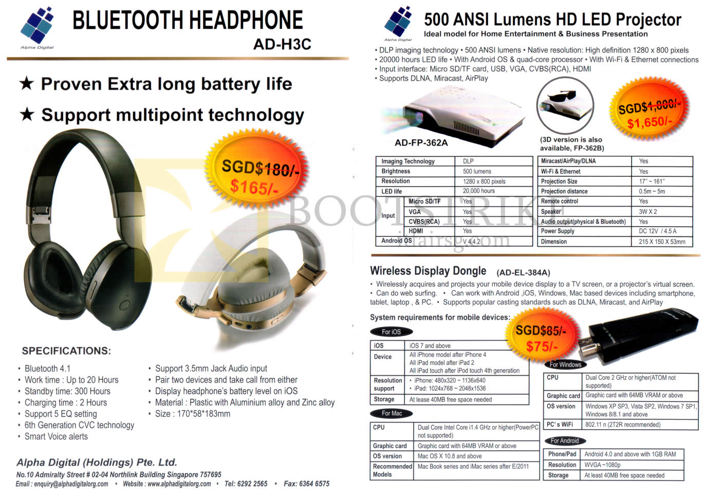 IT SHOW 2016 price list image brochure of Alpha Digital Bluetooth Headphone AD-H3C, 500 ANSI Luments HD LED Projector AD-FP-362A, AD-EL-384A