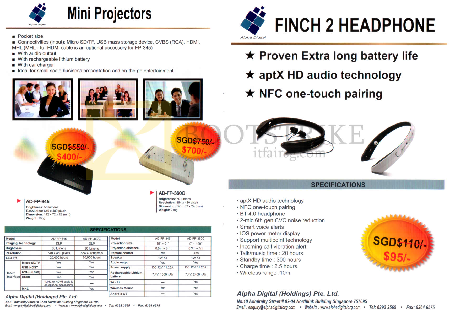 IT SHOW 2016 price list image brochure of Alpha Digital Mini Projectors AD-FP-345, AD-FP-360C, Finch 2 Headphone