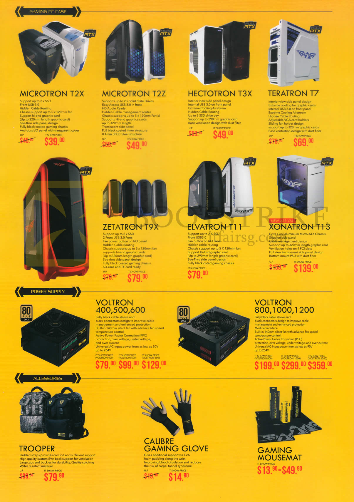 IT SHOW 2016 price list image brochure of Armageddon Gaming PC Case, Power Supply, Accessories, Microtron T2X, T2Z, Hectotron T3X, Teratron T7, Zetatron T9X, Elvatron T11, Xonatron T13, Voltron, Trooper