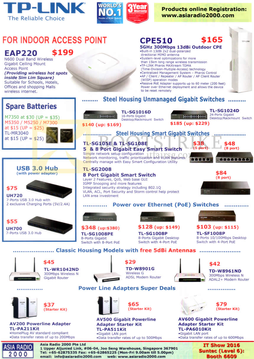 IT SHOW 2016 price list image brochure of Asia Radio TP-Link Indoor Access Points, Gigabit Switches, Ethernet Switches, 5dBi Antennas, Powerline Adapters