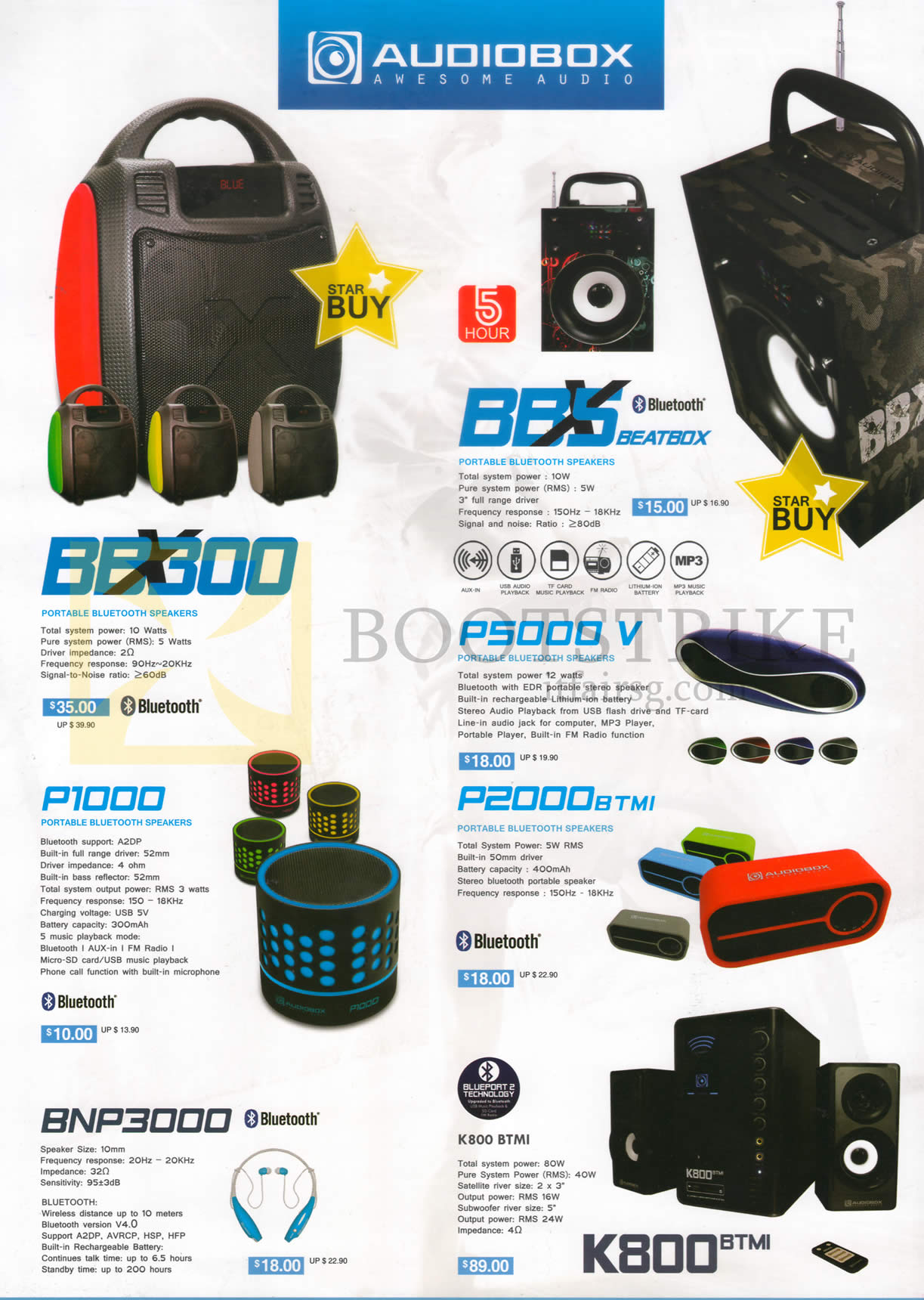 IT SHOW 2016 price list image brochure of Audio Box Speakers Bluetooth BBX300, BBX5, P1000, P5000v, P2000BTMI, BNP3000, K800 BTMI