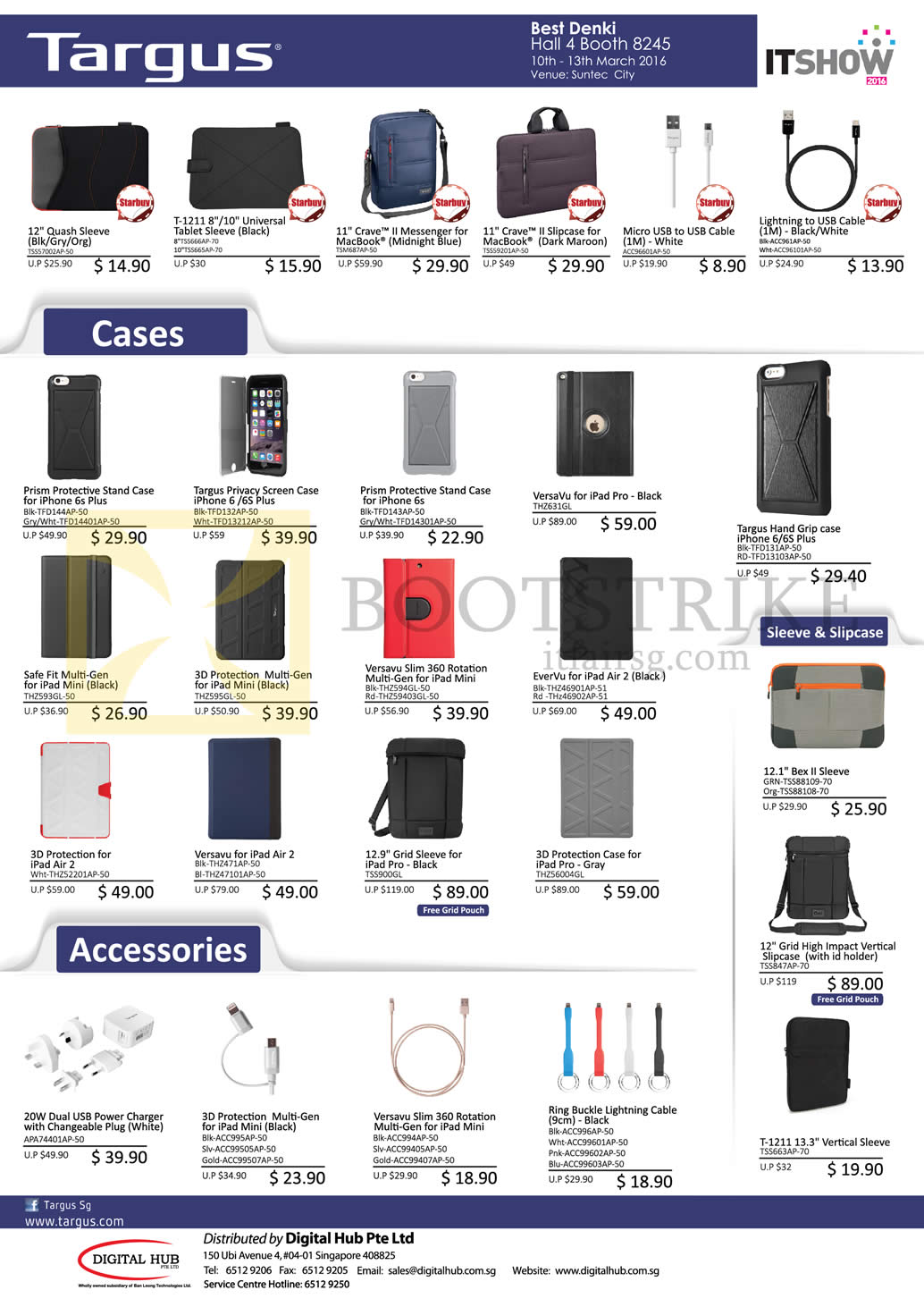 IT SHOW 2016 price list image brochure of Best Denki Targus Cases, Accessories, Sleeves, Slipcases, USB Cable, Lightning Cable, Charging Plug