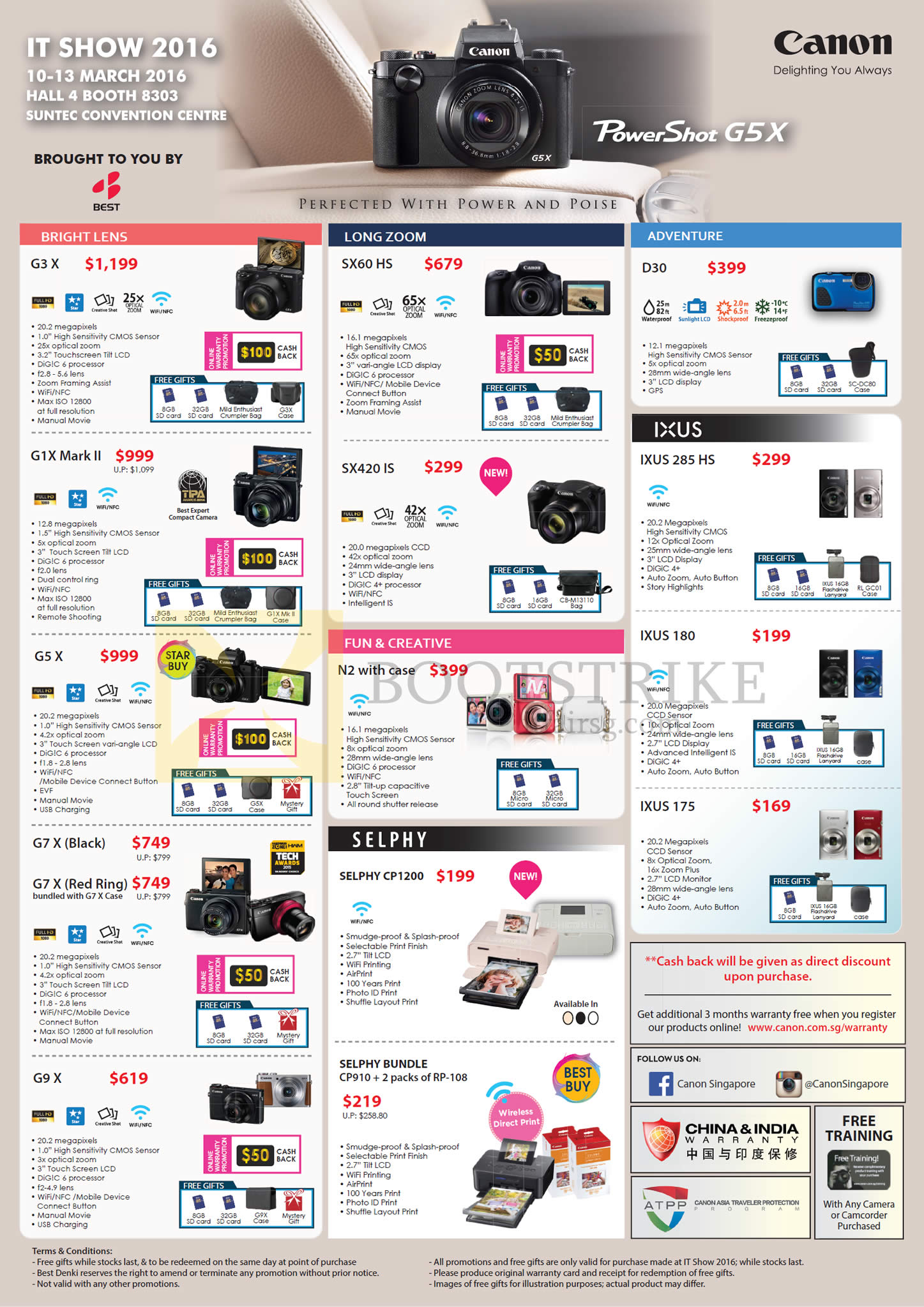 IT SHOW 2016 price list image brochure of Canon Digital Cameras, Printers, G3 X, G1X Mark II, G5X, G7X, G9X, SX60 HS, SX420 IS, N2, D30, IXUS 285 HS, 180, 175, Selphy CP1200, CP910
