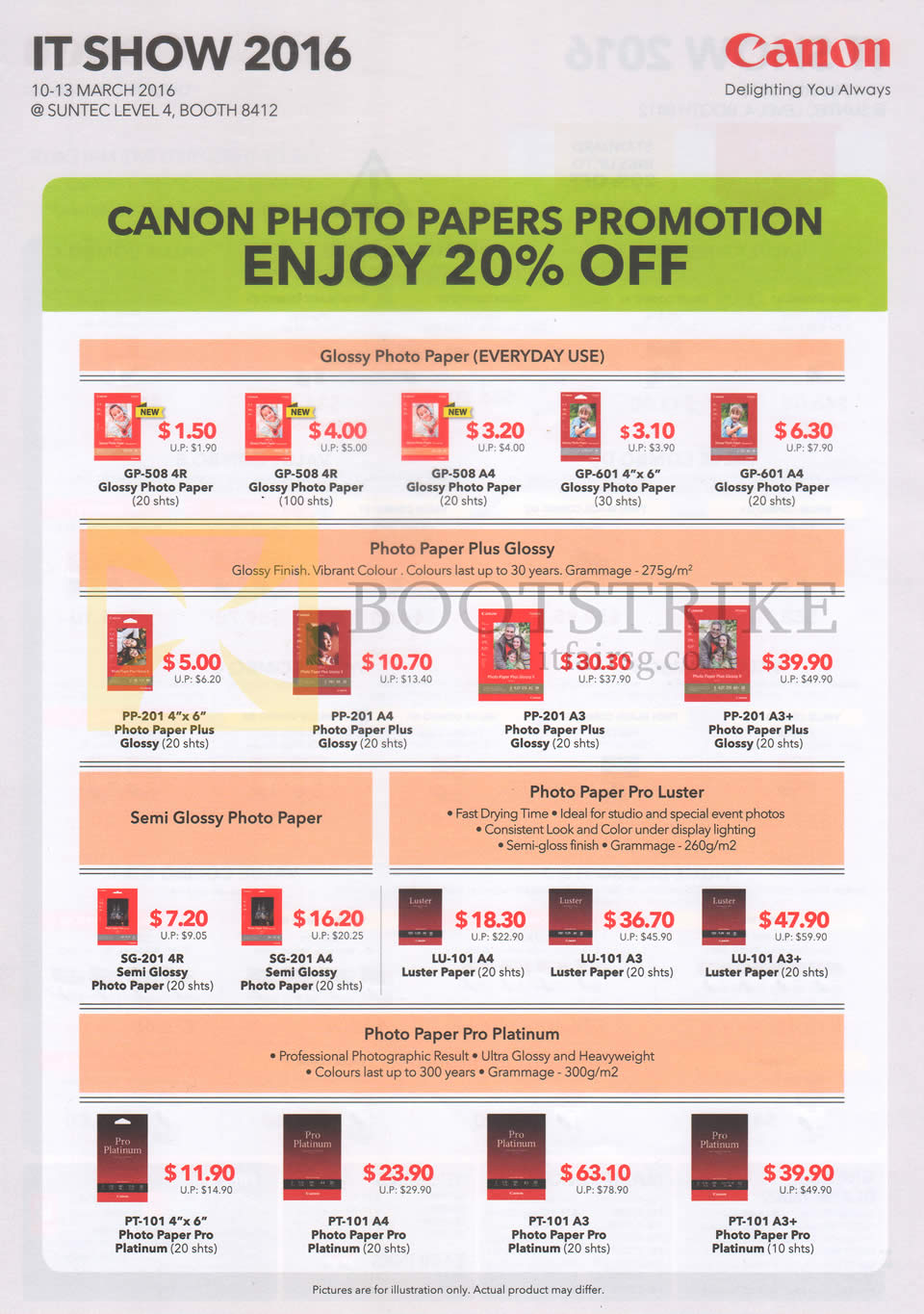 IT SHOW 2016 price list image brochure of Canon Photo Papers GP-508, 601, PP-201, SG-201, LU-101, PT-101, Glossy, Photo Paper, Semi, Luster, Platinum