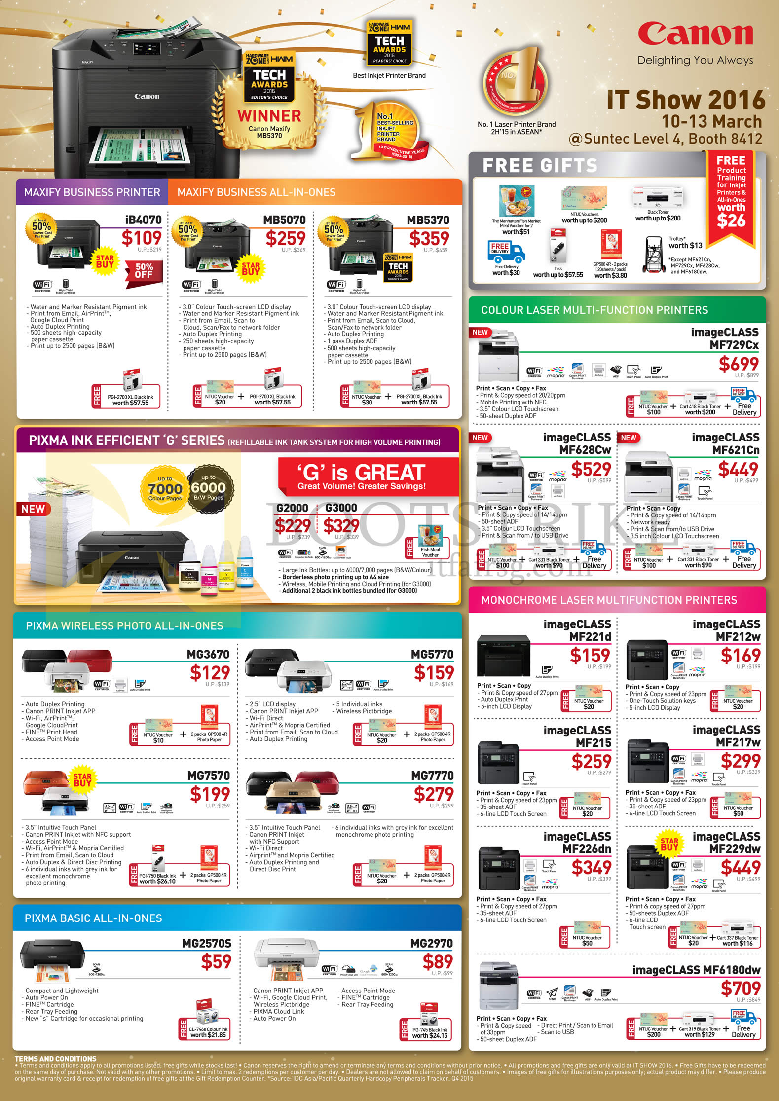 IT SHOW 2016 price list image brochure of Canon Printers IB4070, MB5070, 5370, G2000, 3000, MG3670, 5770, 7570, 7770, 2570S, 2970, ImageCLASS MF729CX, 628cw, 621cn, 221d, 212w